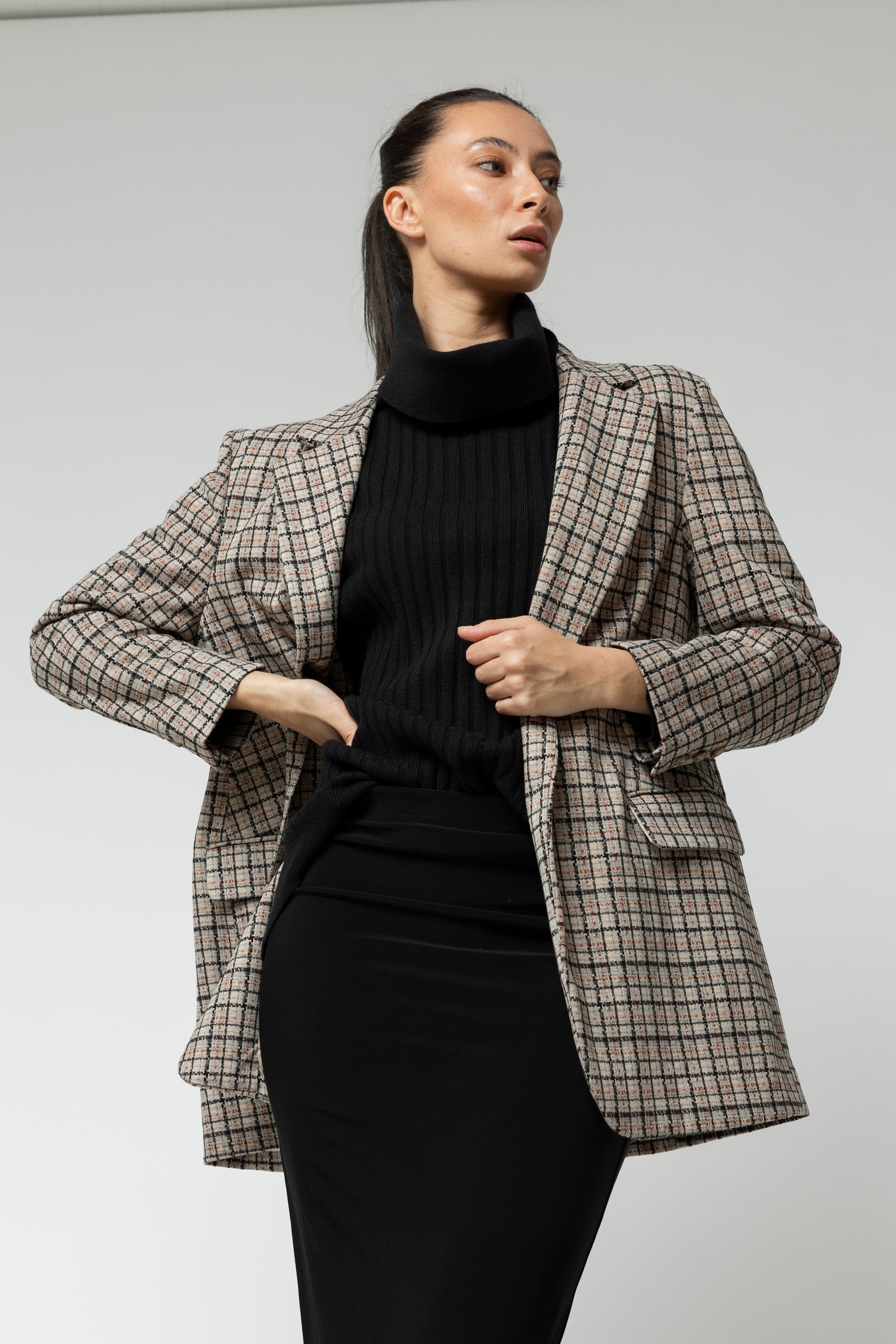 Beige Check Oversized Blazer