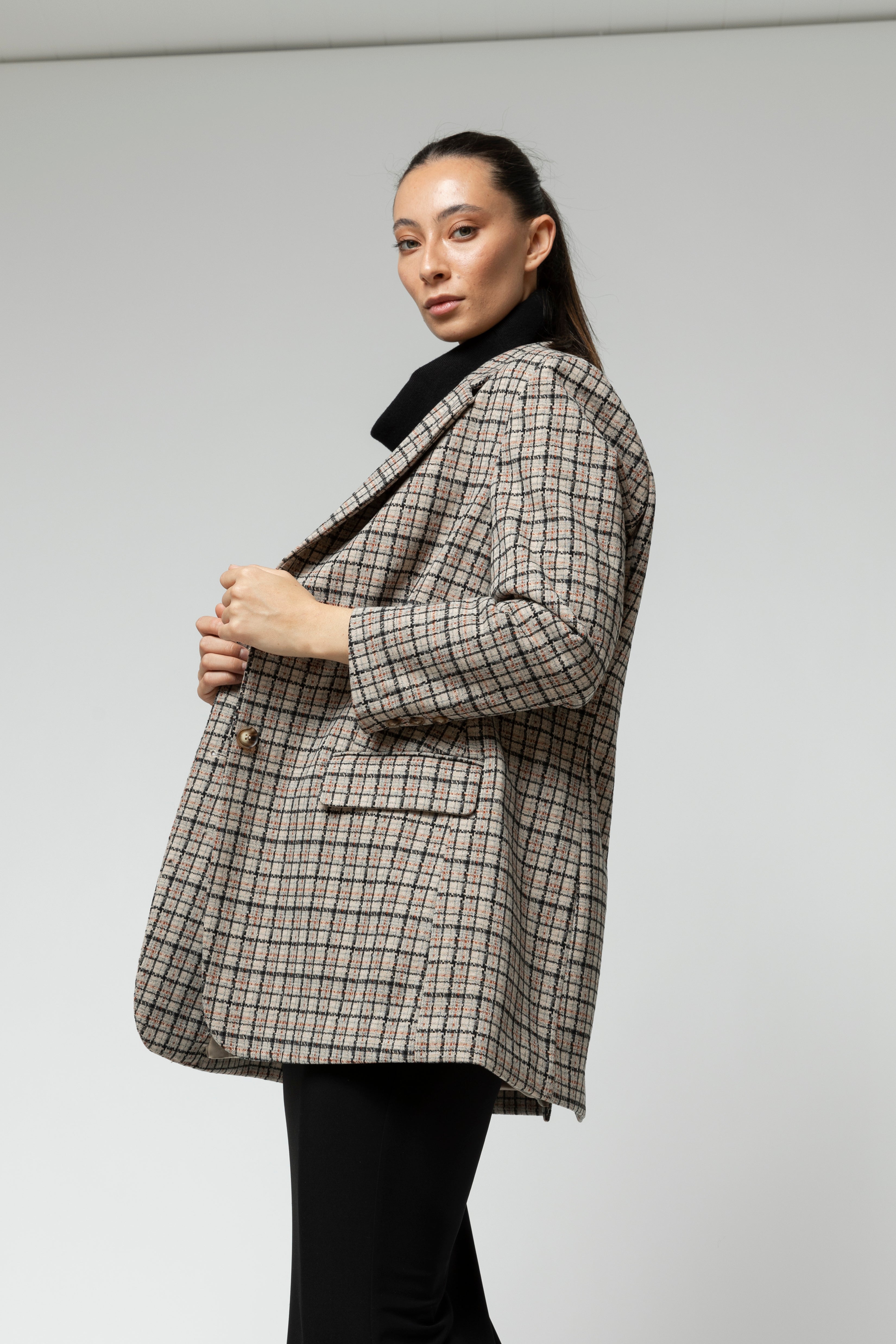 Beige Check Oversized Blazer