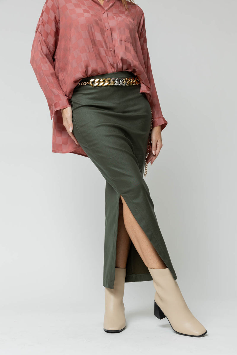 Khaki Waxed Split Skirt