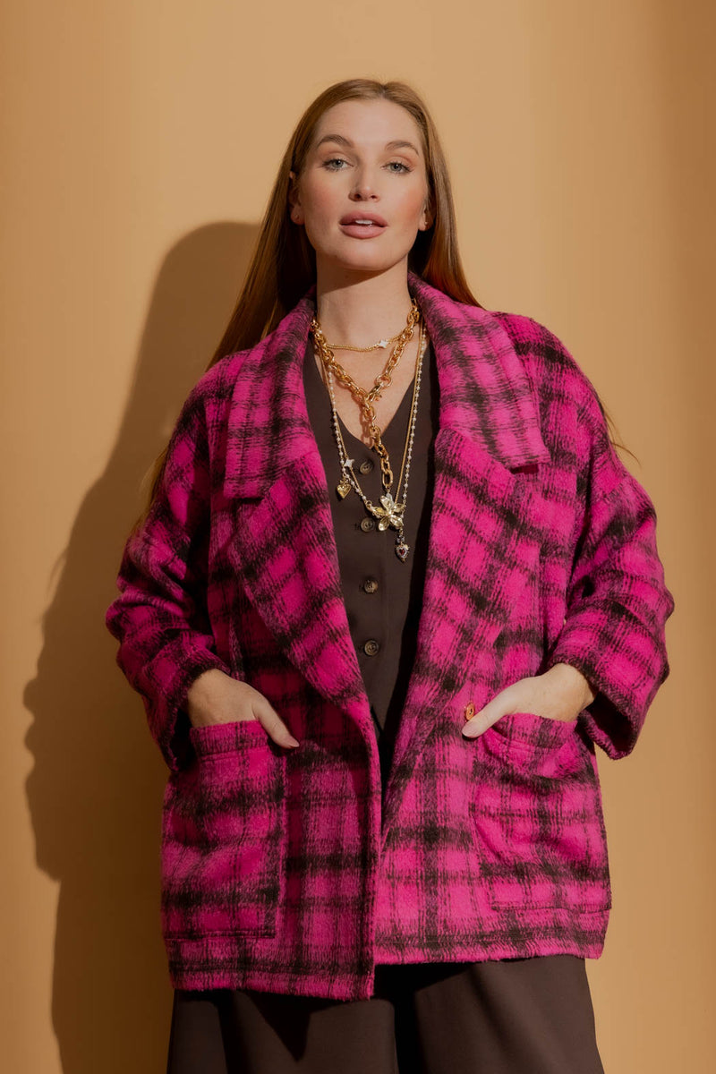 Pink Check Cocoon Pea Coat Pink Check