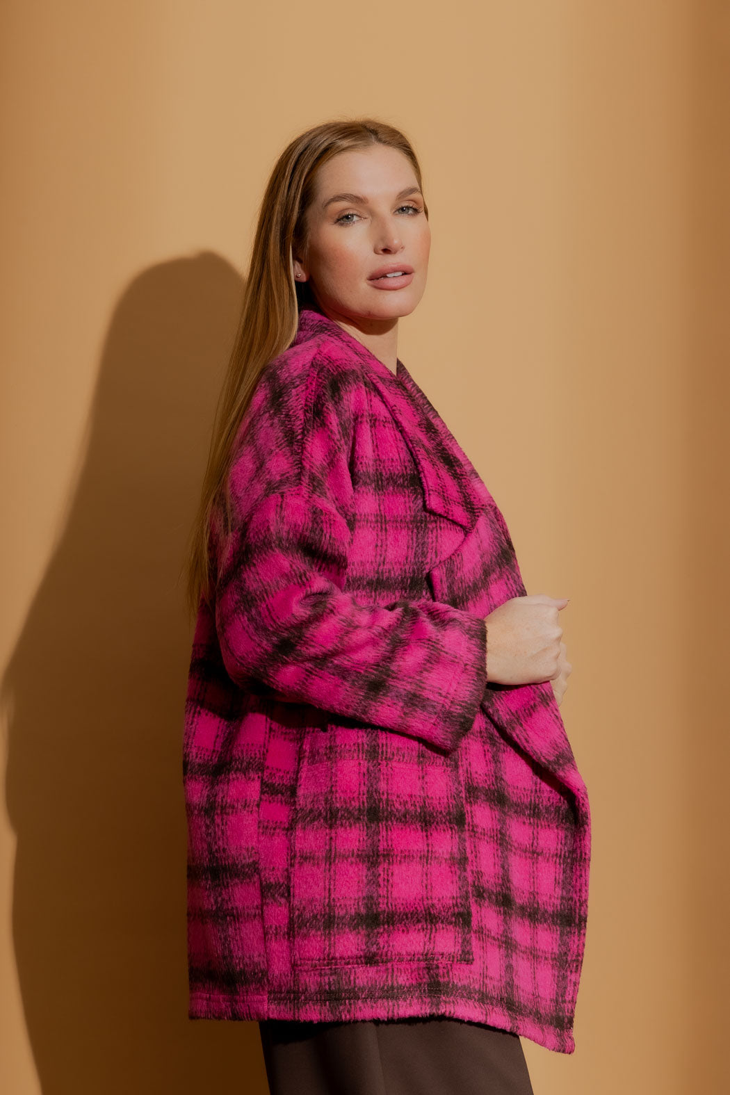 Pink Check Cocoon Pea Coat Pink Check