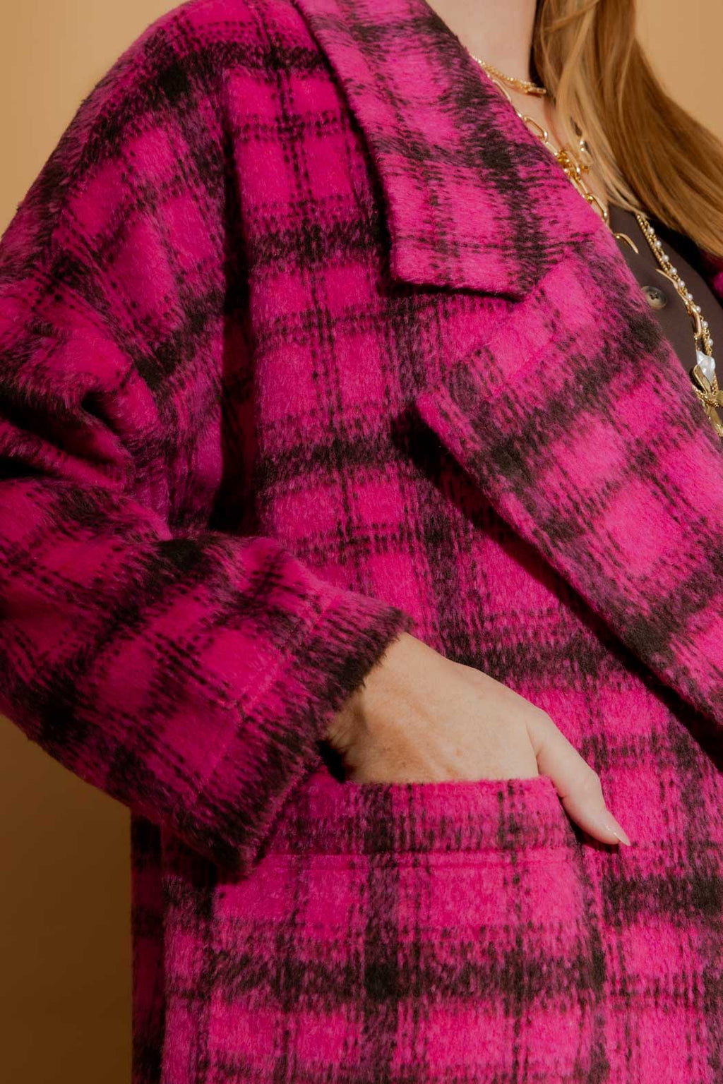 Pink Check Cocoon Pea Coat Pink Check