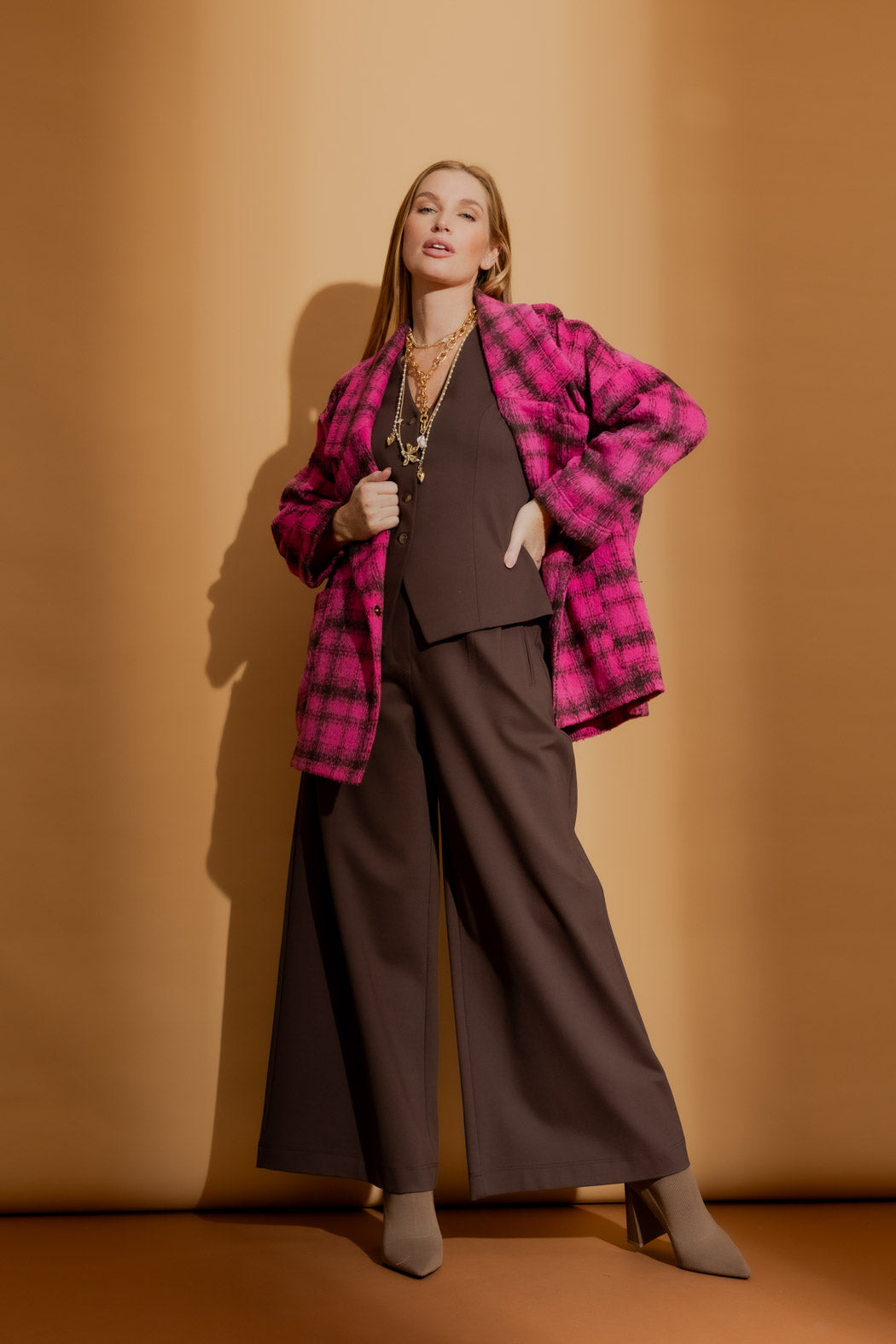 Pink Check Cocoon Pea Coat Pink Check