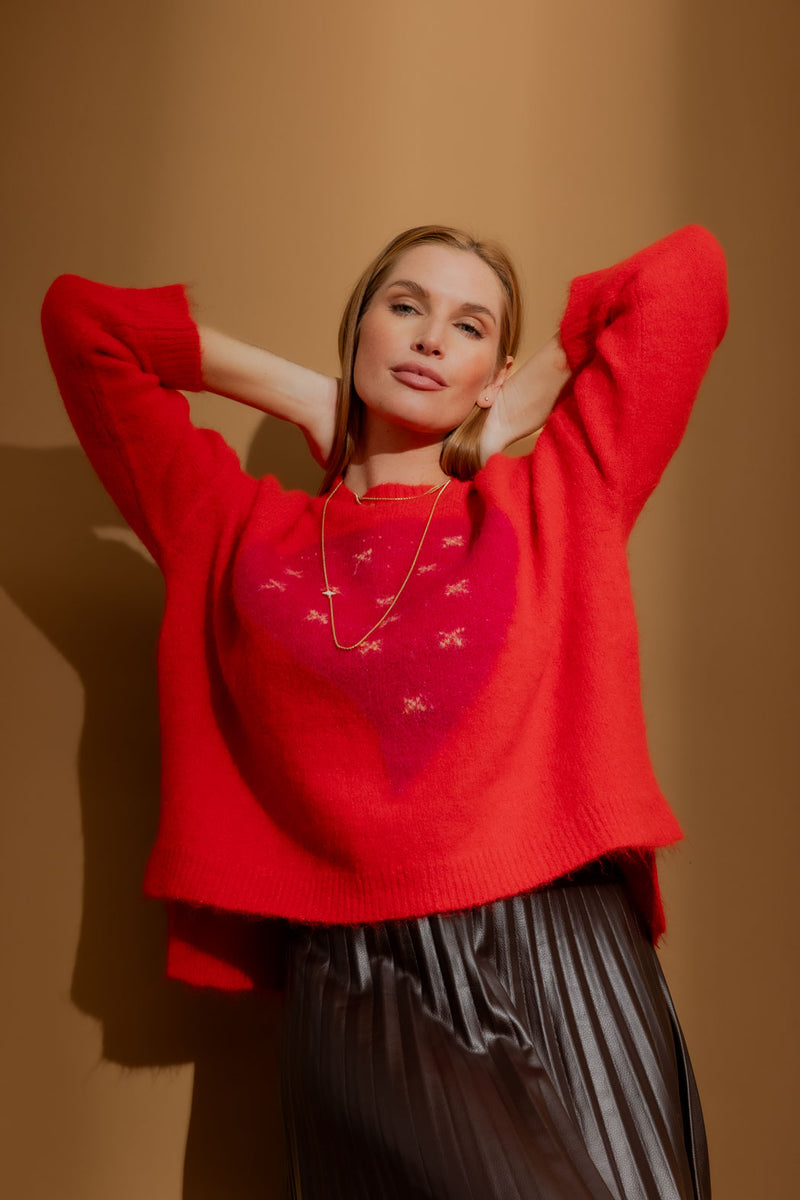 Red Recycled Yarn Fluffy Heart Jumper Red S