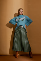 Olive Croc Coated Pleat Skirt
