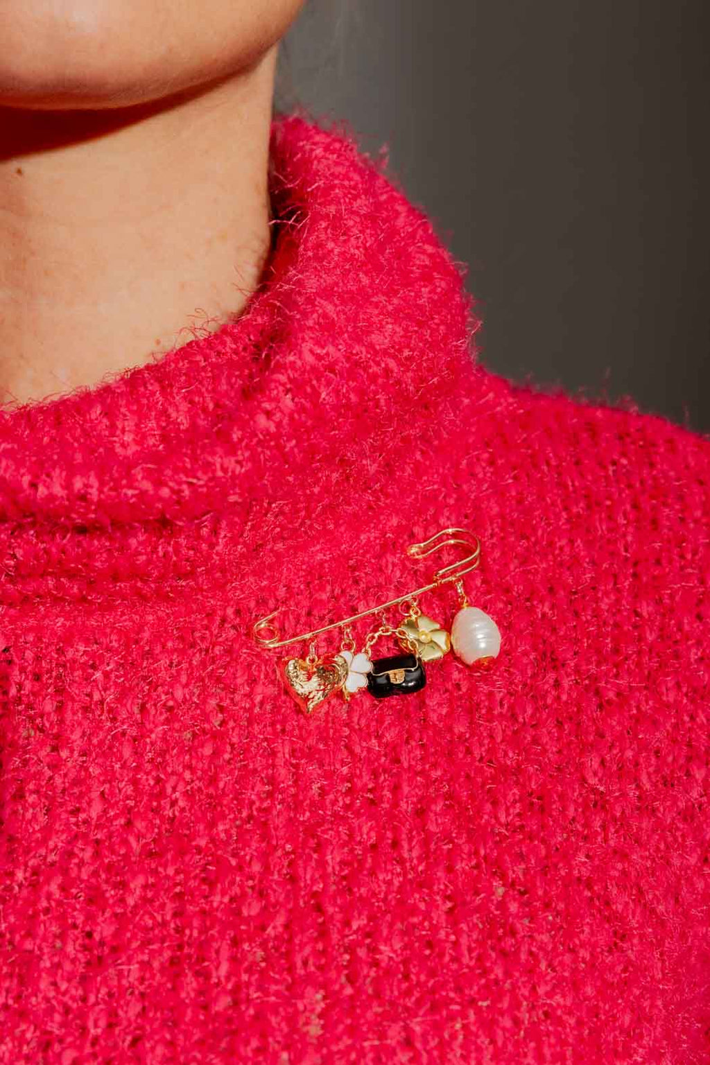 Gold Pin Brooch With Charms