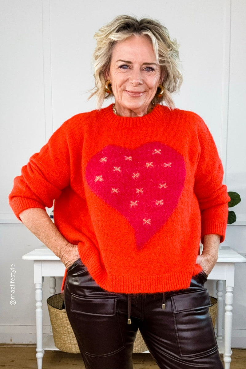 Red Recycled Yarn Fluffy Heart Jumper Red S