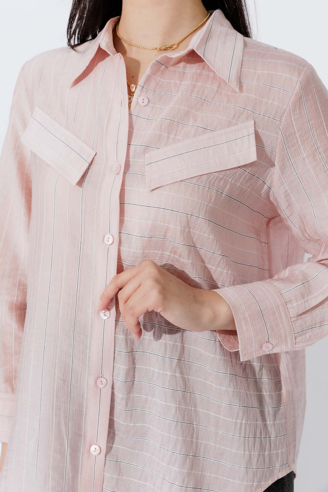 Effortless pink Tencel stripe pocket shirt, front view with crisp collar, button‑up, subtle pocket and contemporary drape.