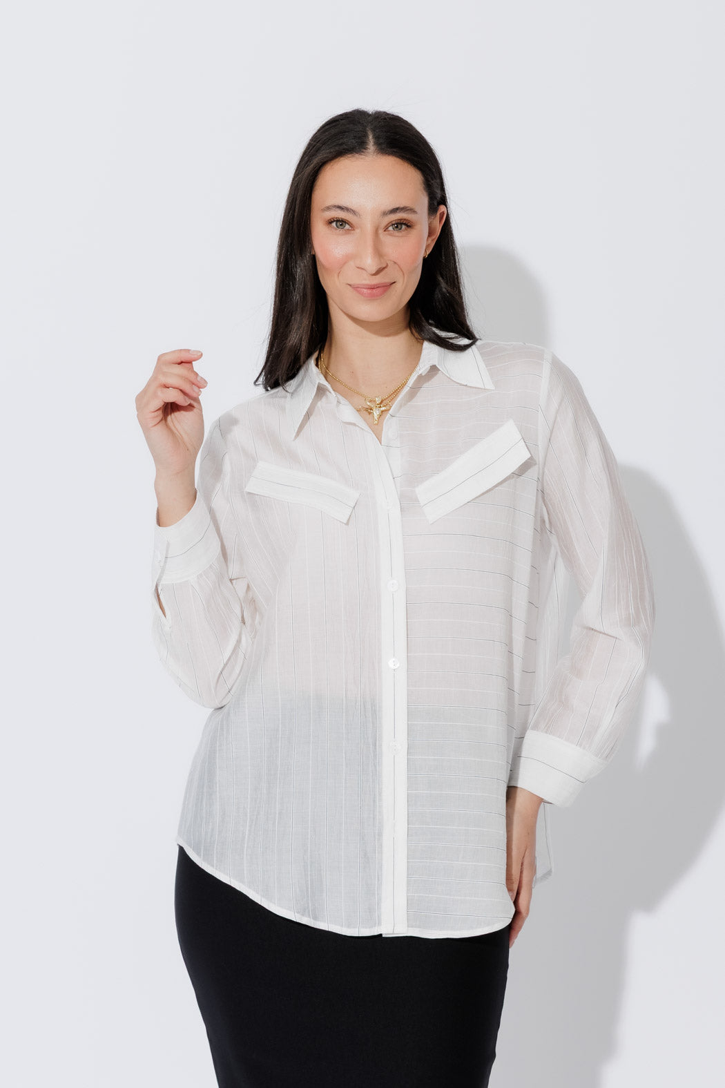 White Tencel Stripe Pocket Shirt