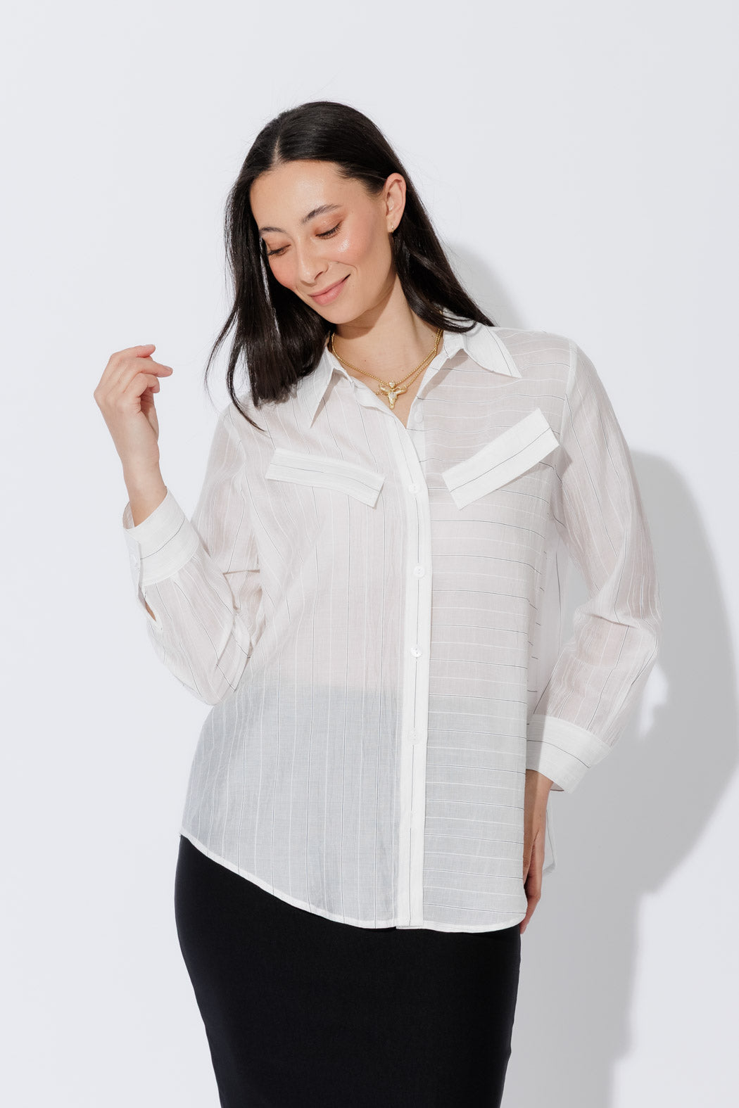 White Tencel Stripe Pocket Shirt