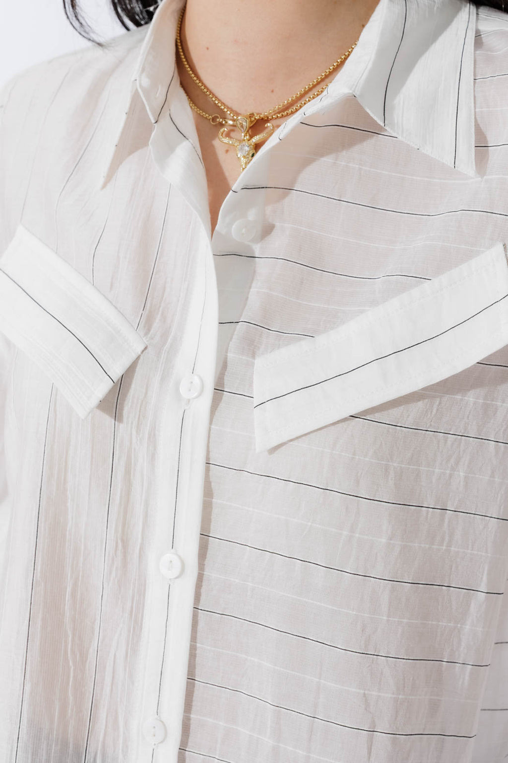 White Tencel Stripe Pocket Shirt