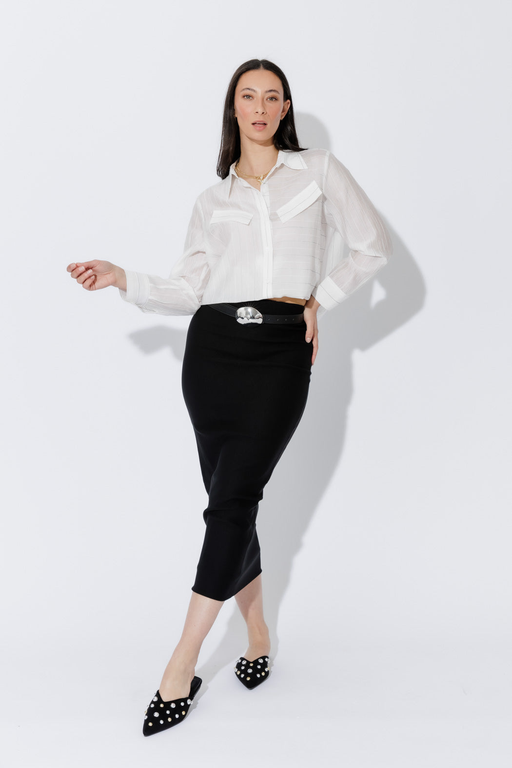 White Tencel Stripe Pocket Shirt