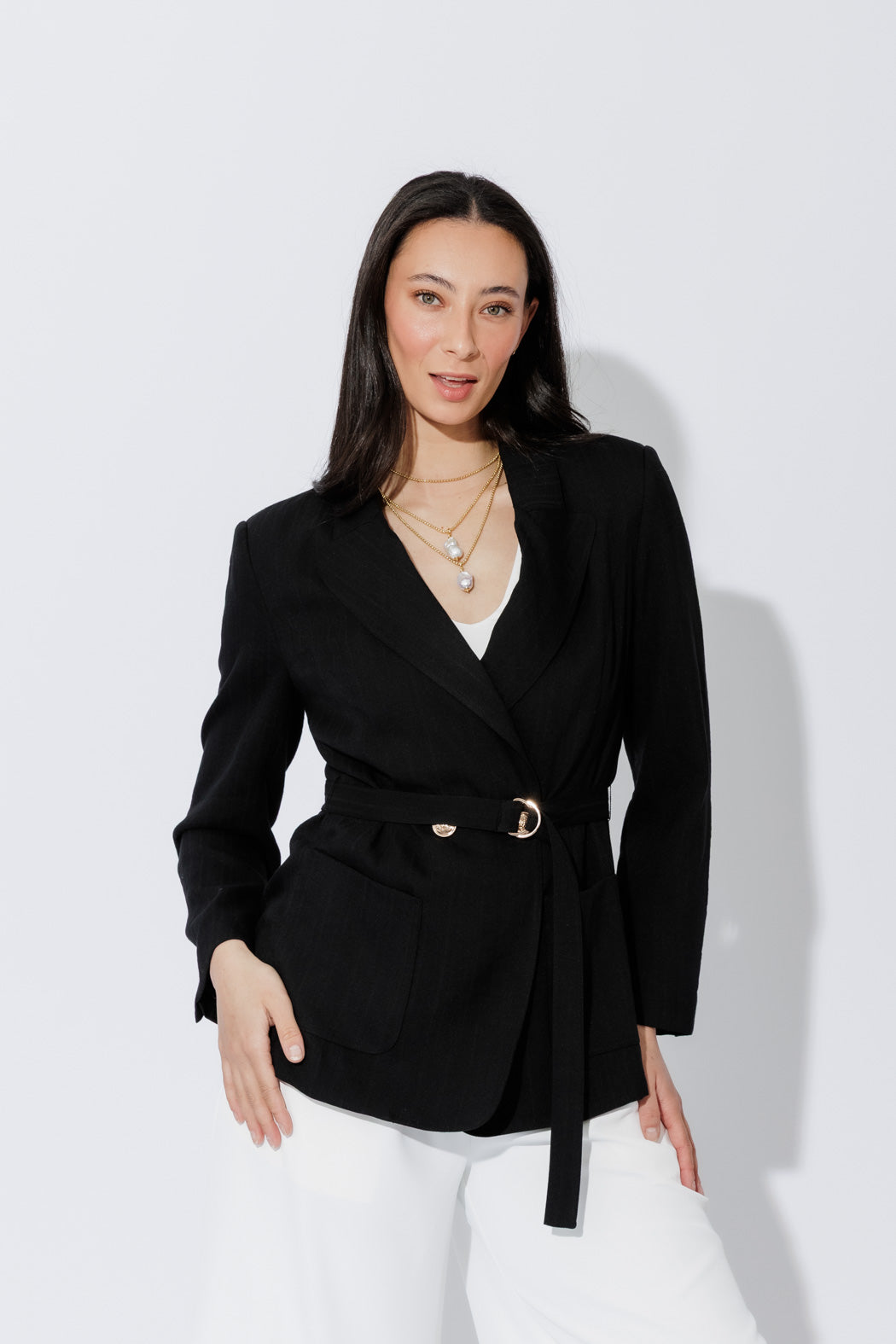 Black Self Stripe Belted Blazer