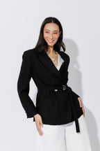 Black Self Stripe Belted Blazer