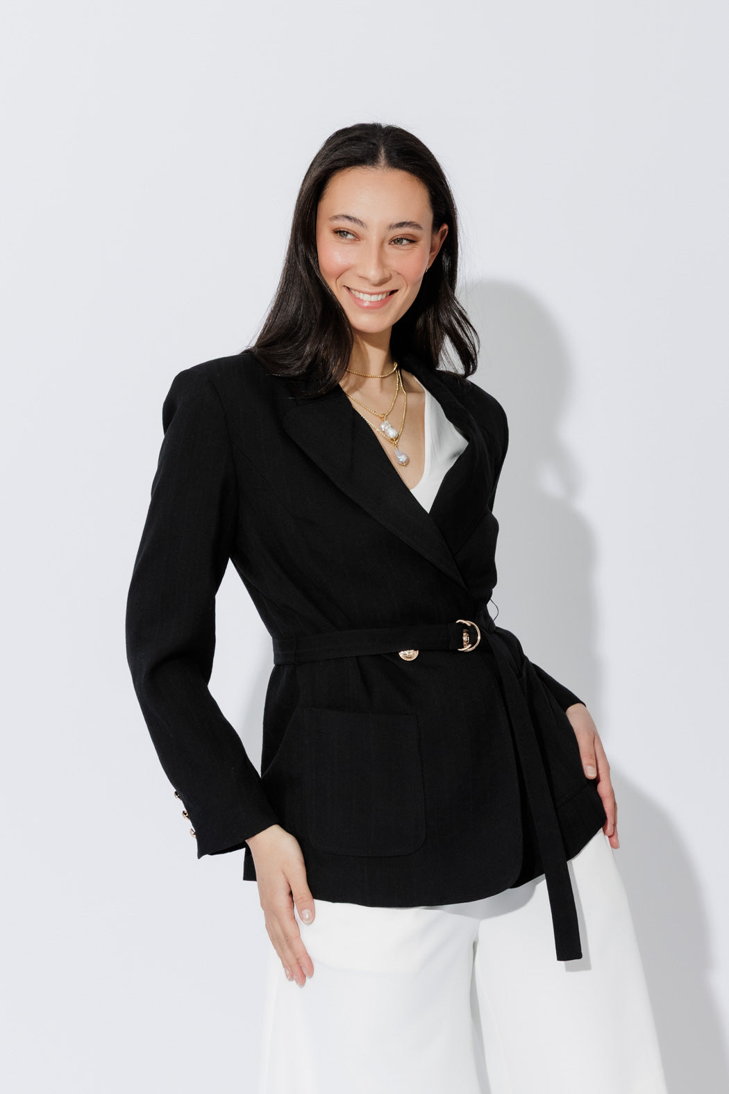 Black Self Stripe Belted Blazer
