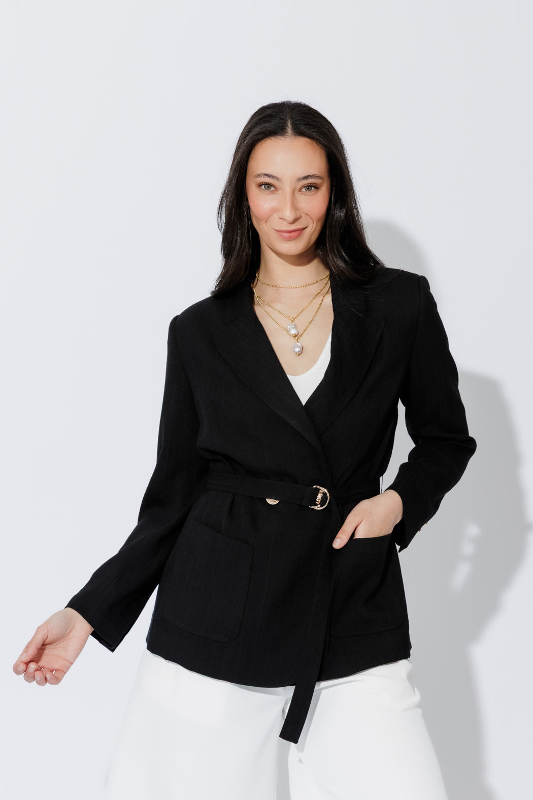 Black Self Stripe Belted Blazer