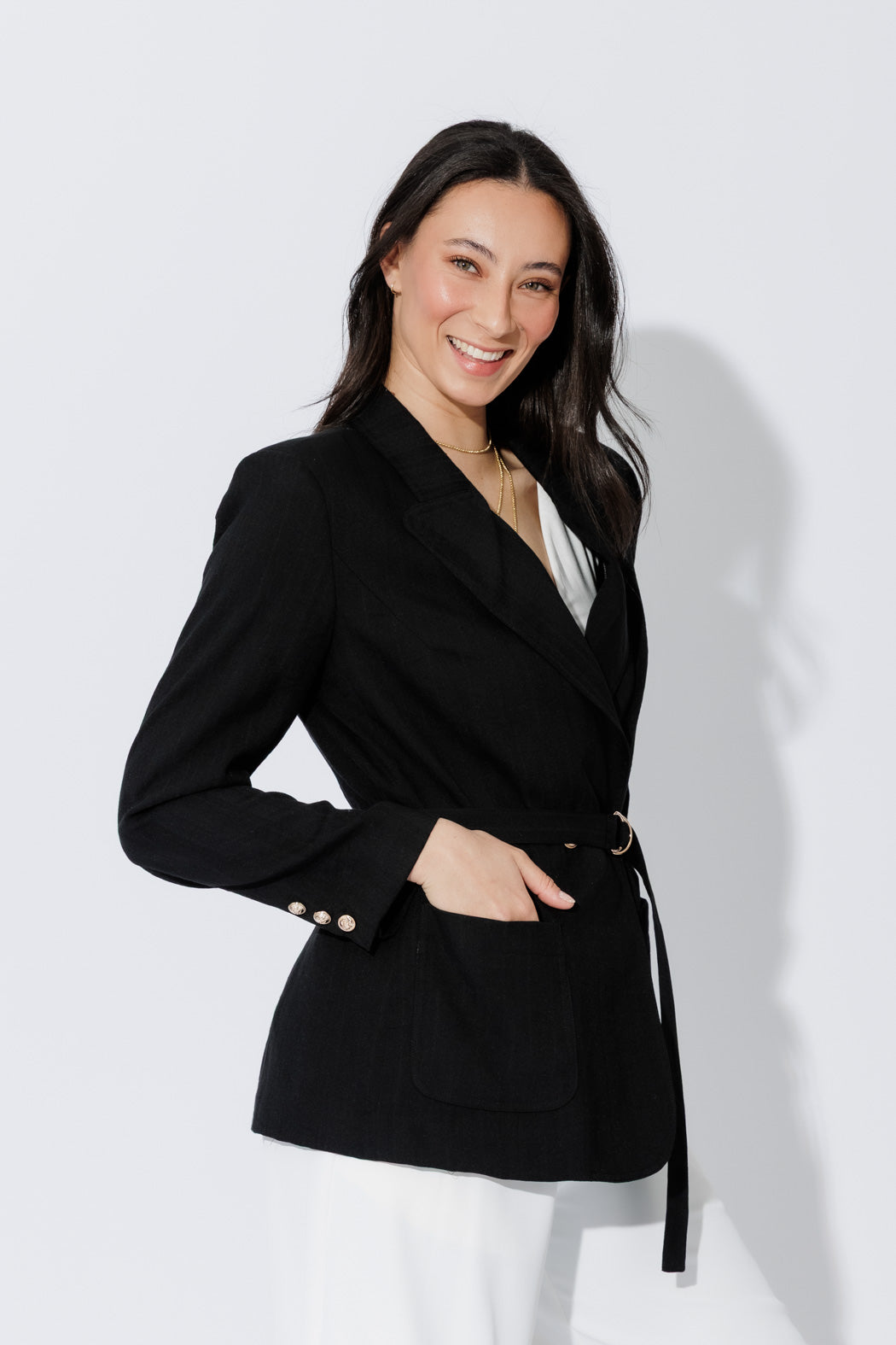 Black Self Stripe Belted Blazer