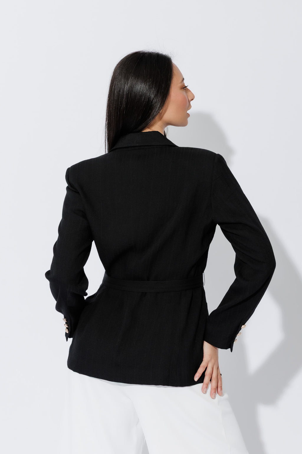 Black Self Stripe Belted Blazer