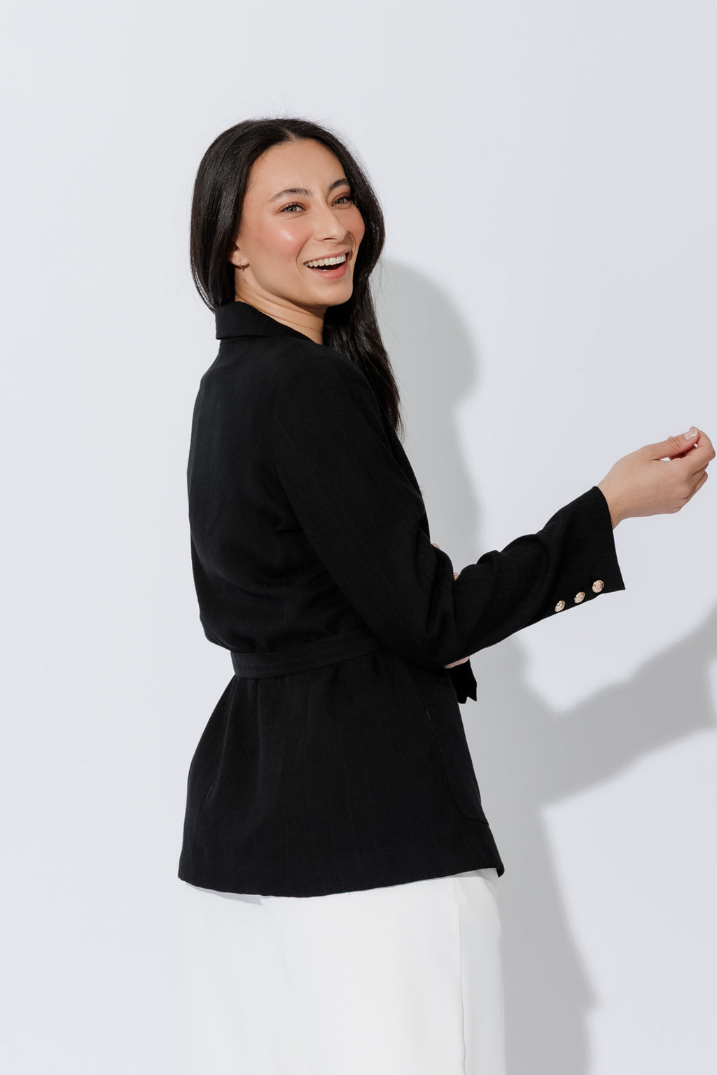 Black Self Stripe Belted Blazer