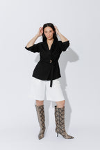 Black Self Stripe Belted Blazer