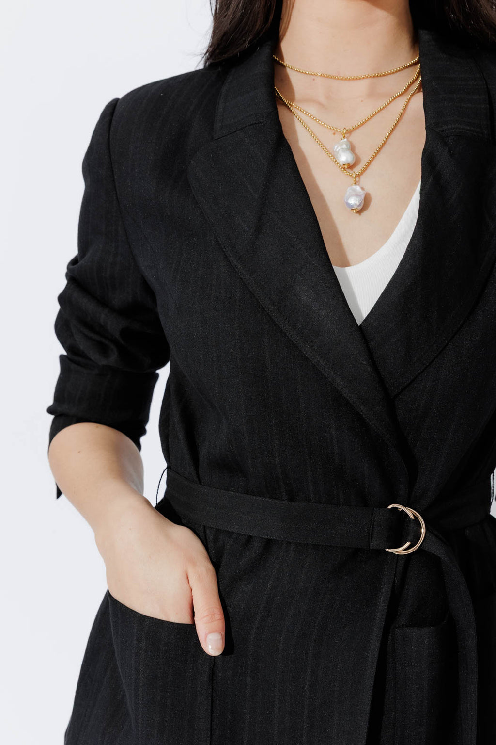 Black Self Stripe Belted Blazer