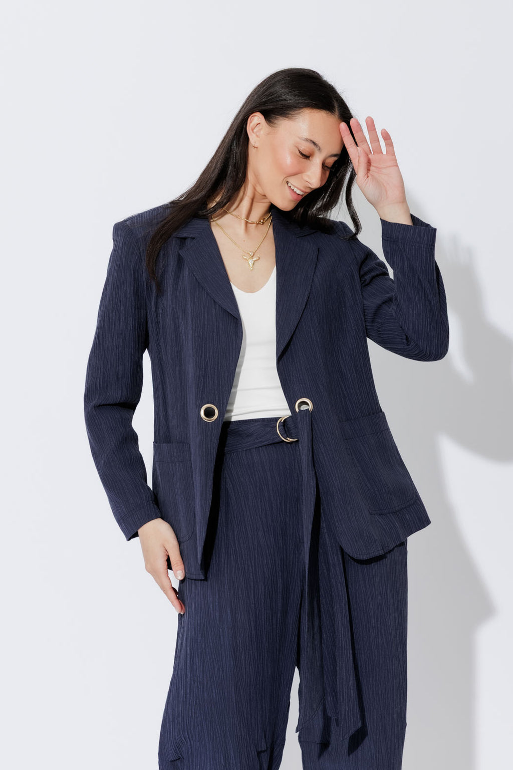 Navy Tencel Eyelet Blazer