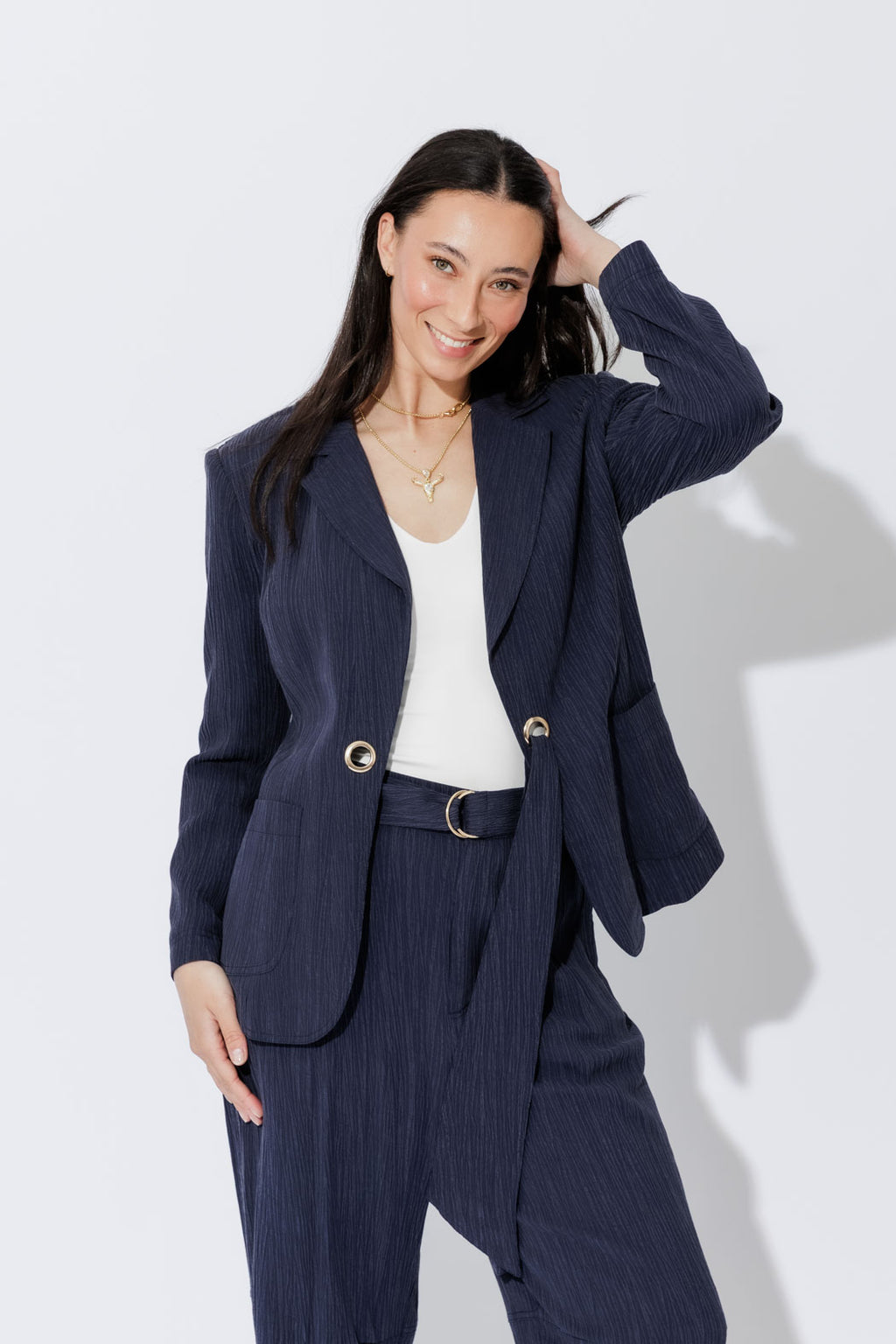 Navy Tencel Eyelet Blazer