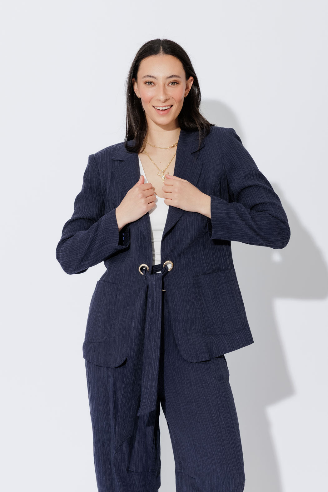 Navy Tencel Eyelet Blazer