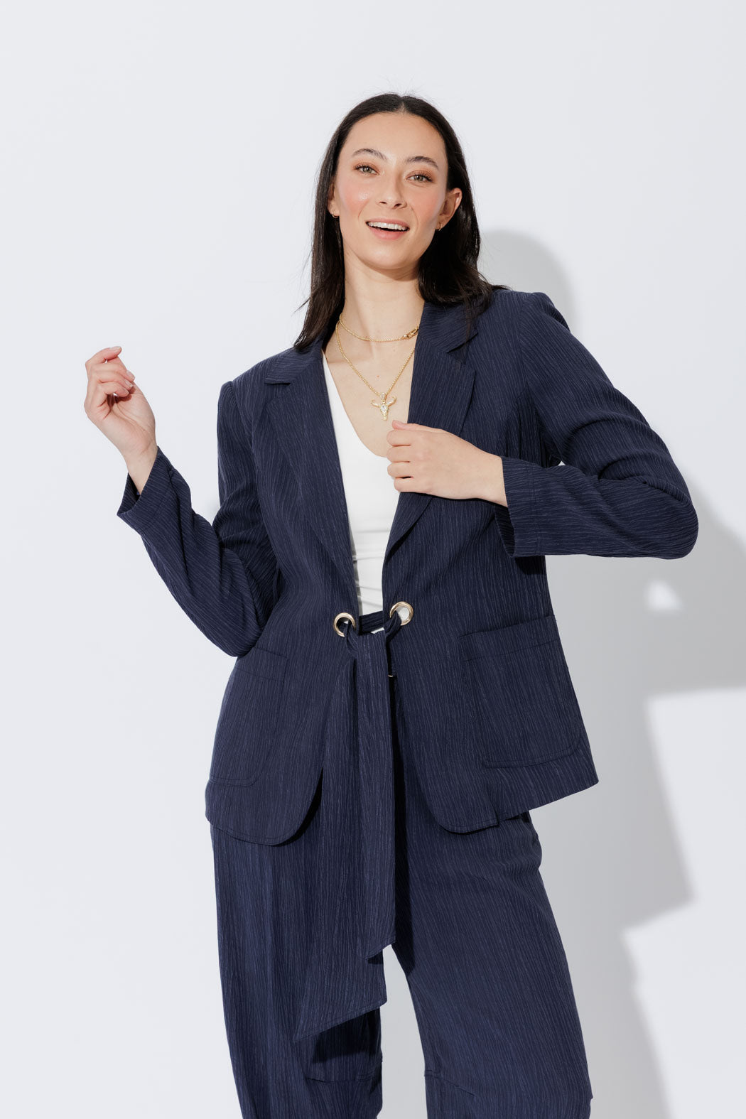 Navy Tencel Eyelet Blazer