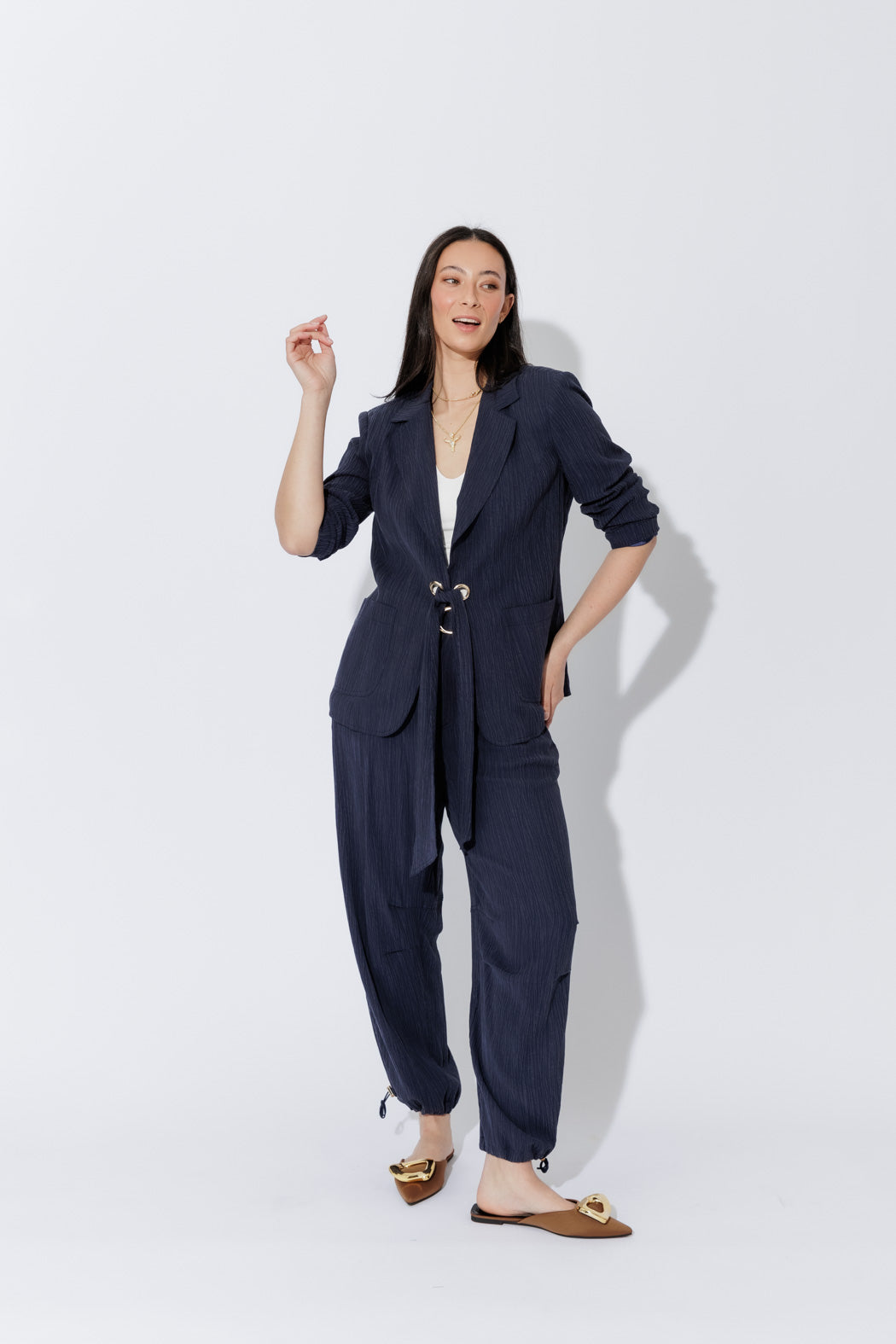 Navy Tencel Eyelet Blazer