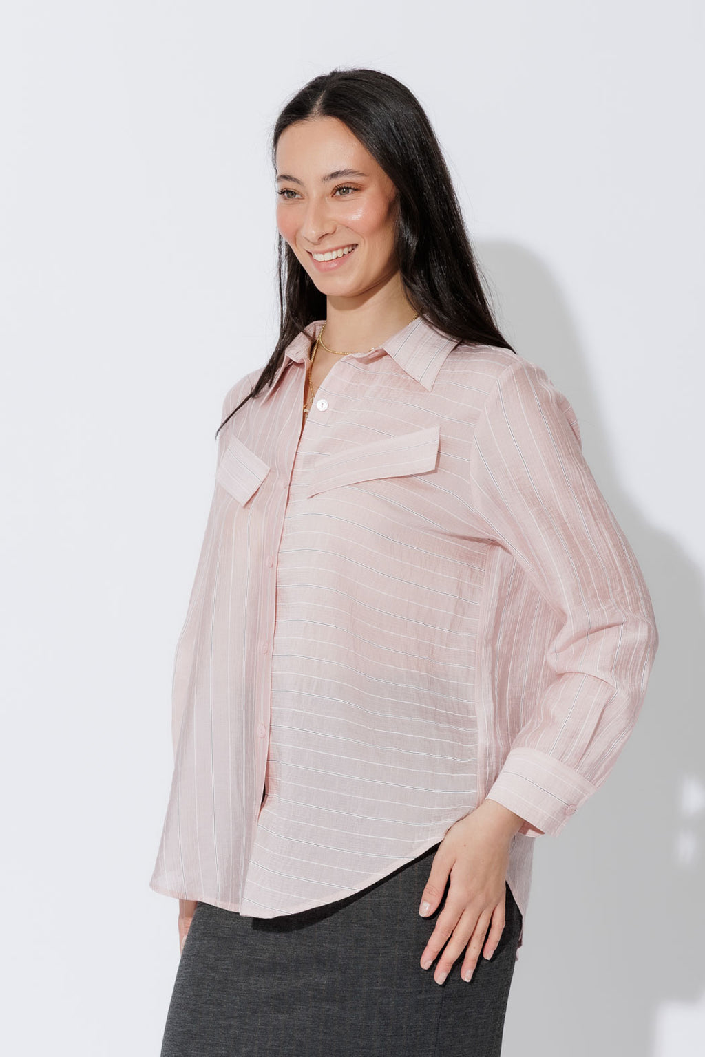 Pink Tencel Stripe Pocket Shirt