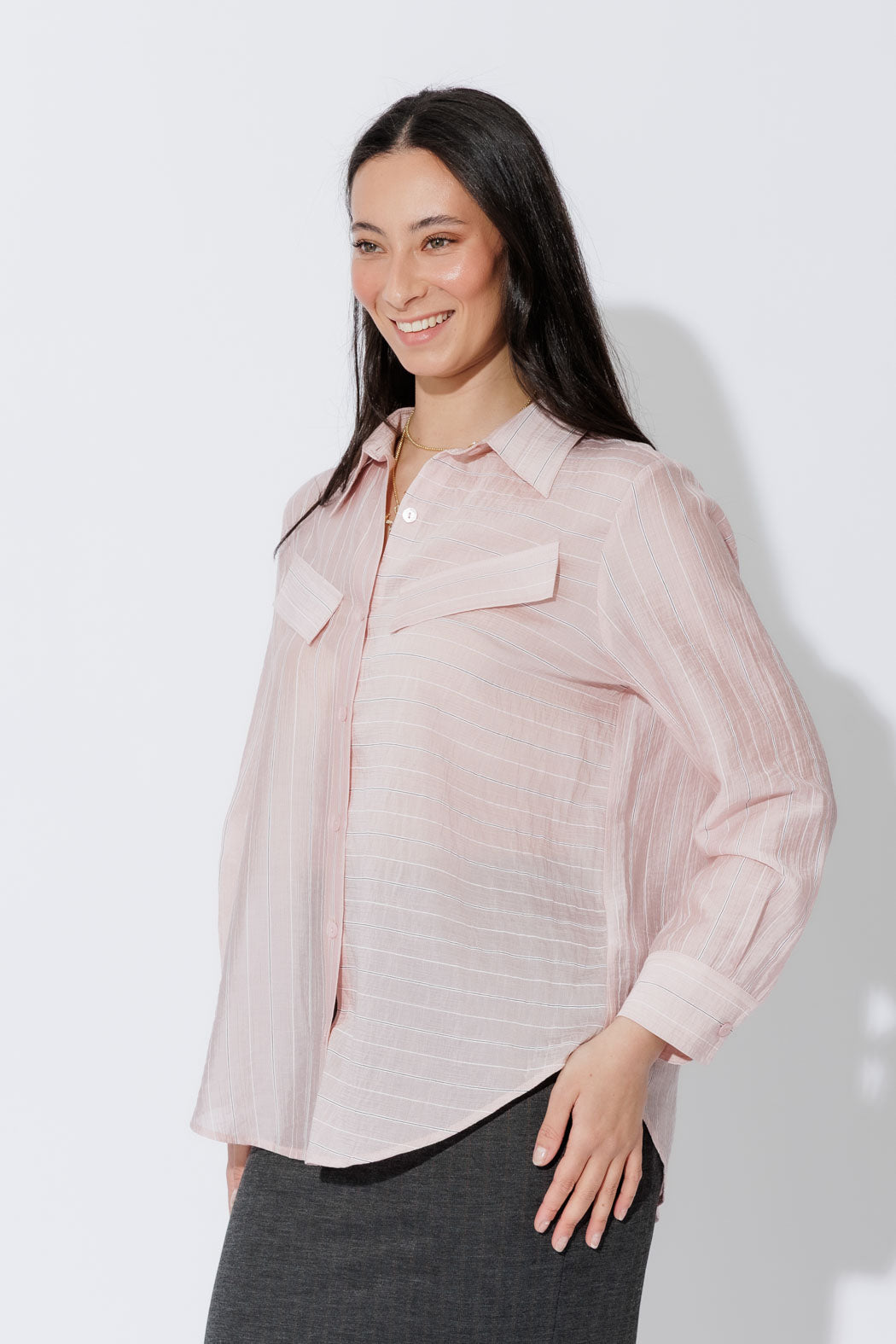 Pink Tencel Stripe Pocket Shirt