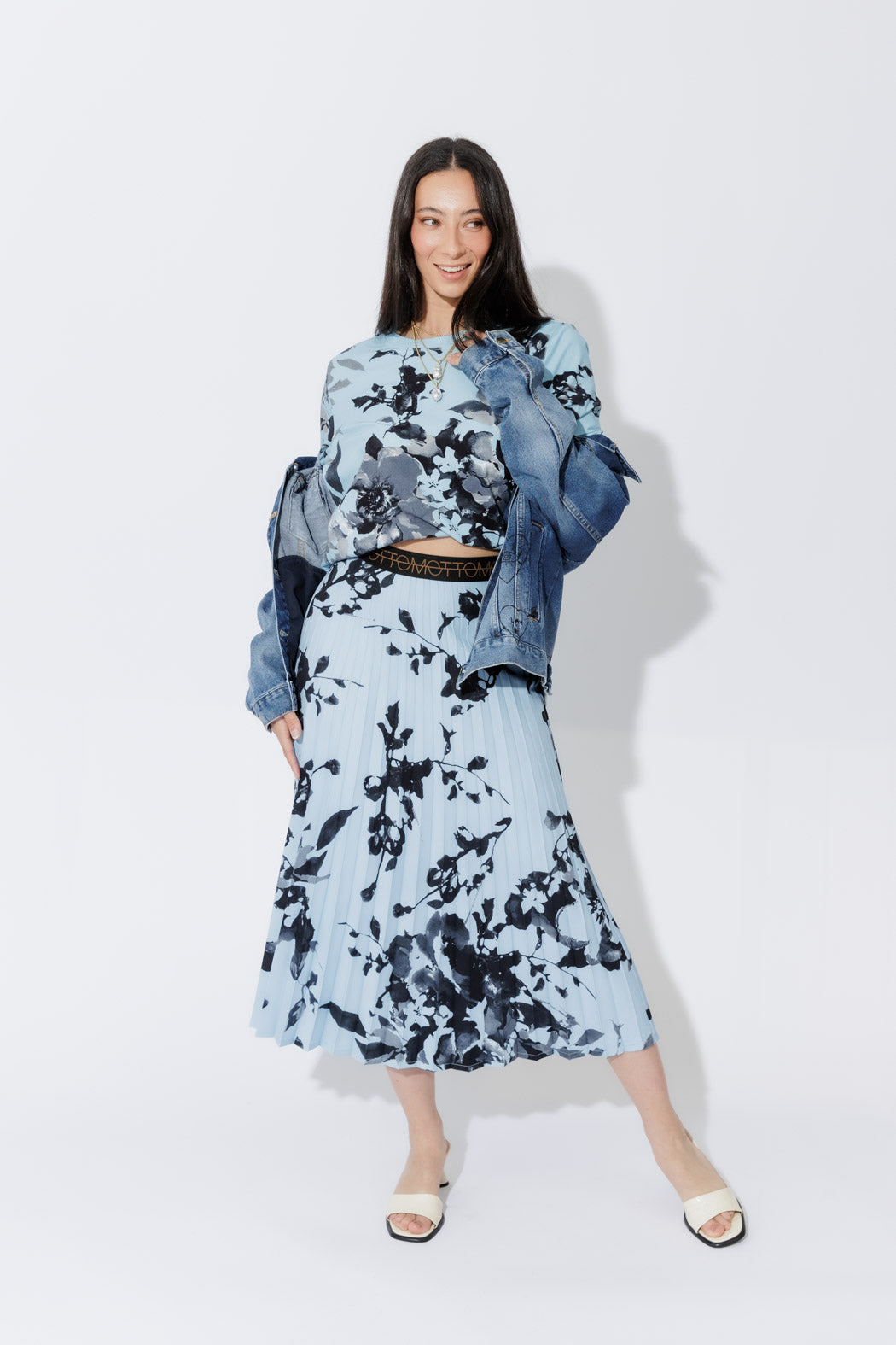 Blue Floral Pleat Skirt