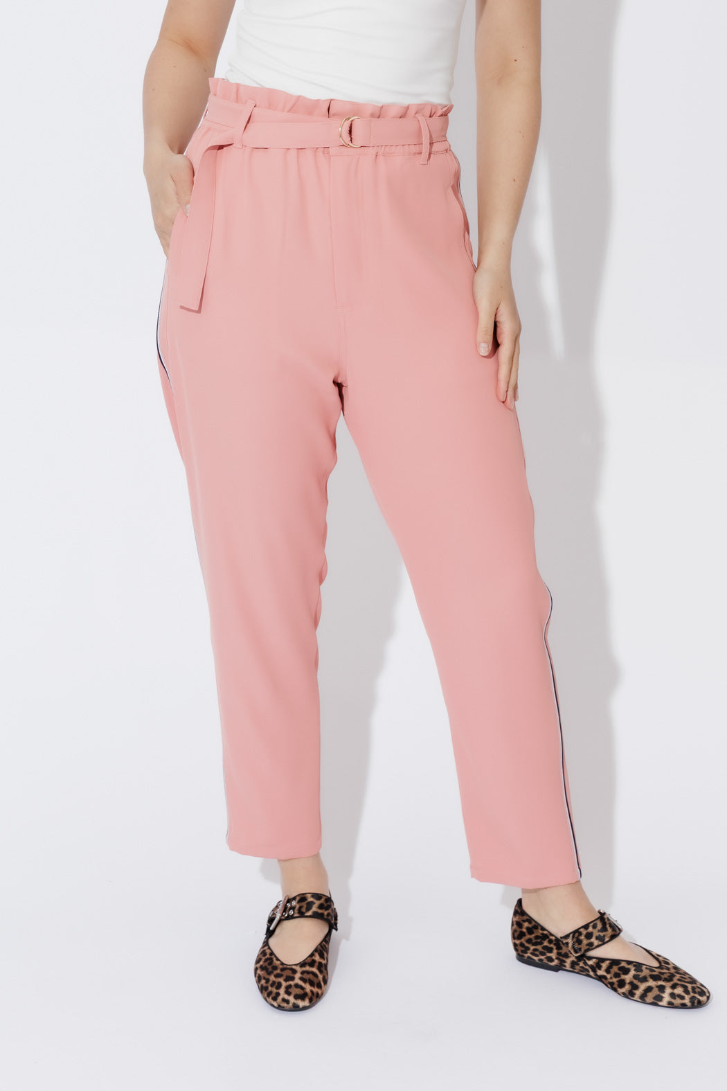 Effortless Blush Sport Paperbag Pant, front‑on with wide elastic waist, D‑ring belt and side pockets for an elevated look.