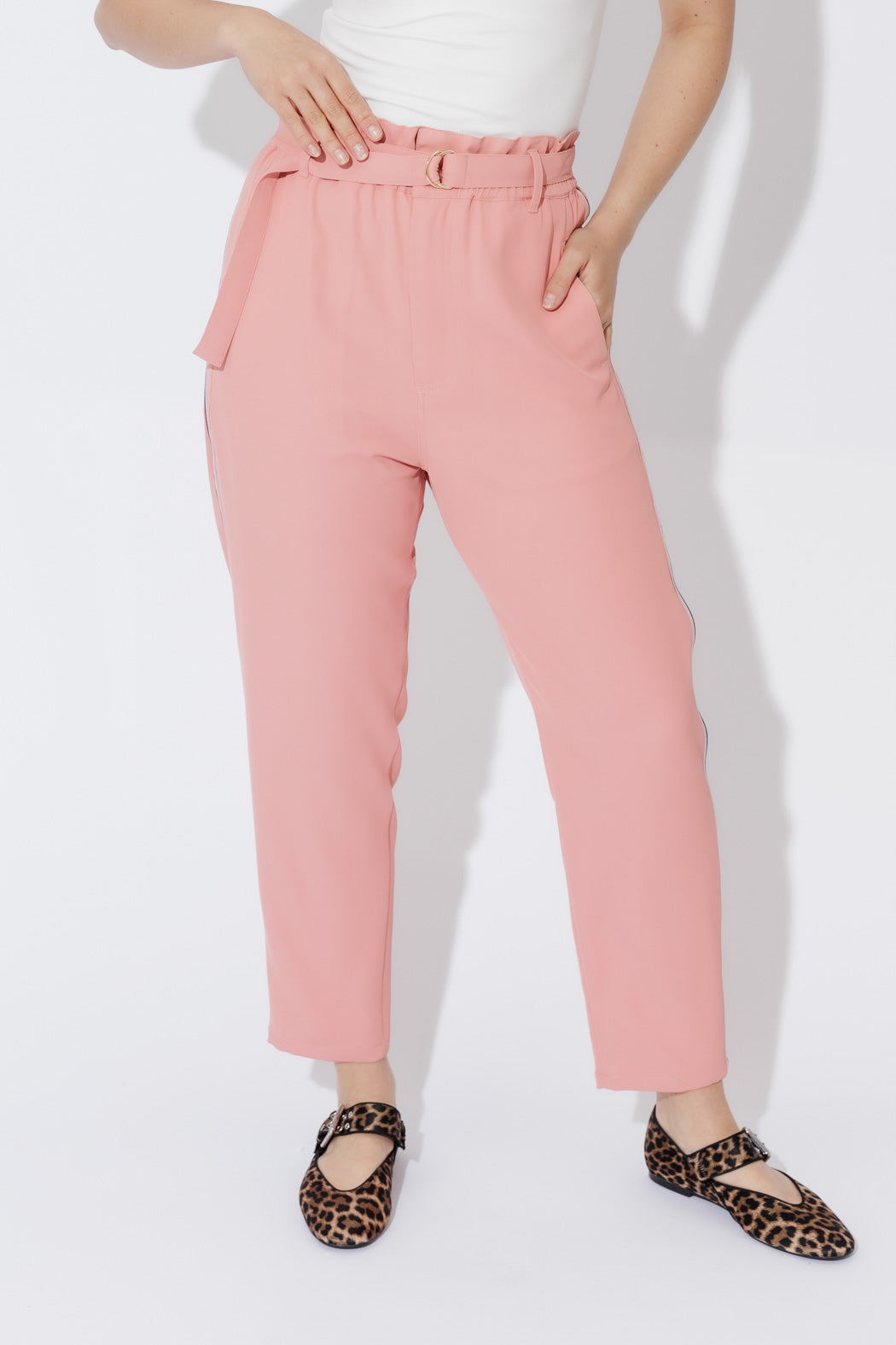 Blush Sport Paperbag Pant on a model, silhouette, elastic waistband with D‑ring belt, side pockets, effortless elevated style
