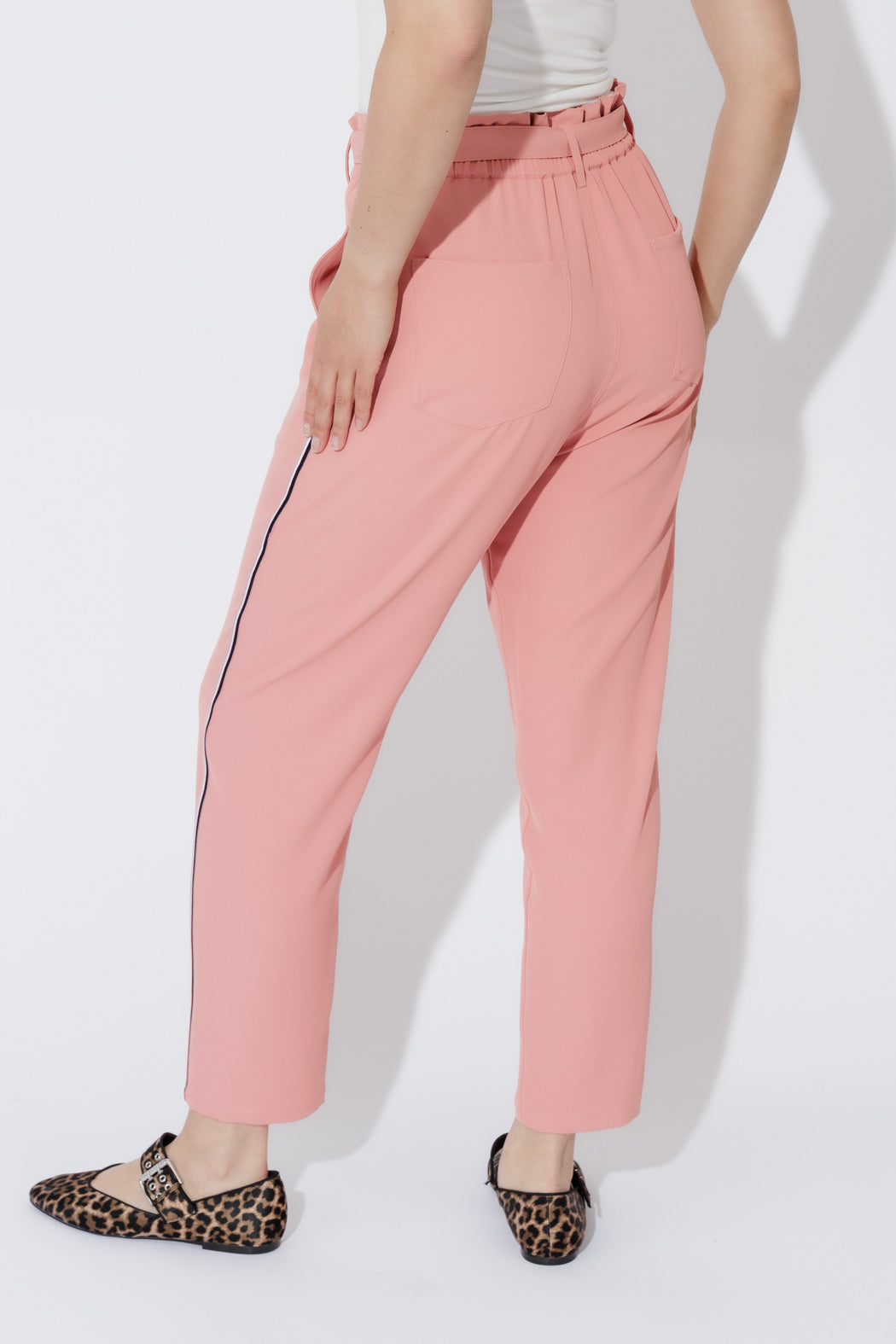 Model in Blush Sport Paperbag Pant, view, elastic waist, D‑ring belt and side pockets for an effortless, contemporary vibe.