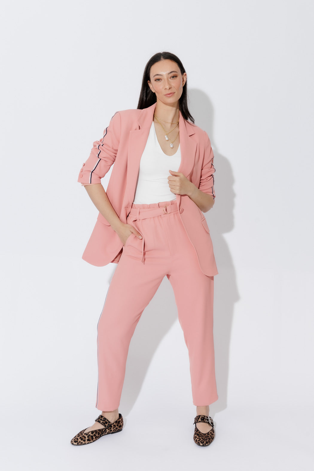 Effortless Blush Sport Paperbag Pant on a model, front view highlighting elastic waist, D‑ring belt and side pockets.