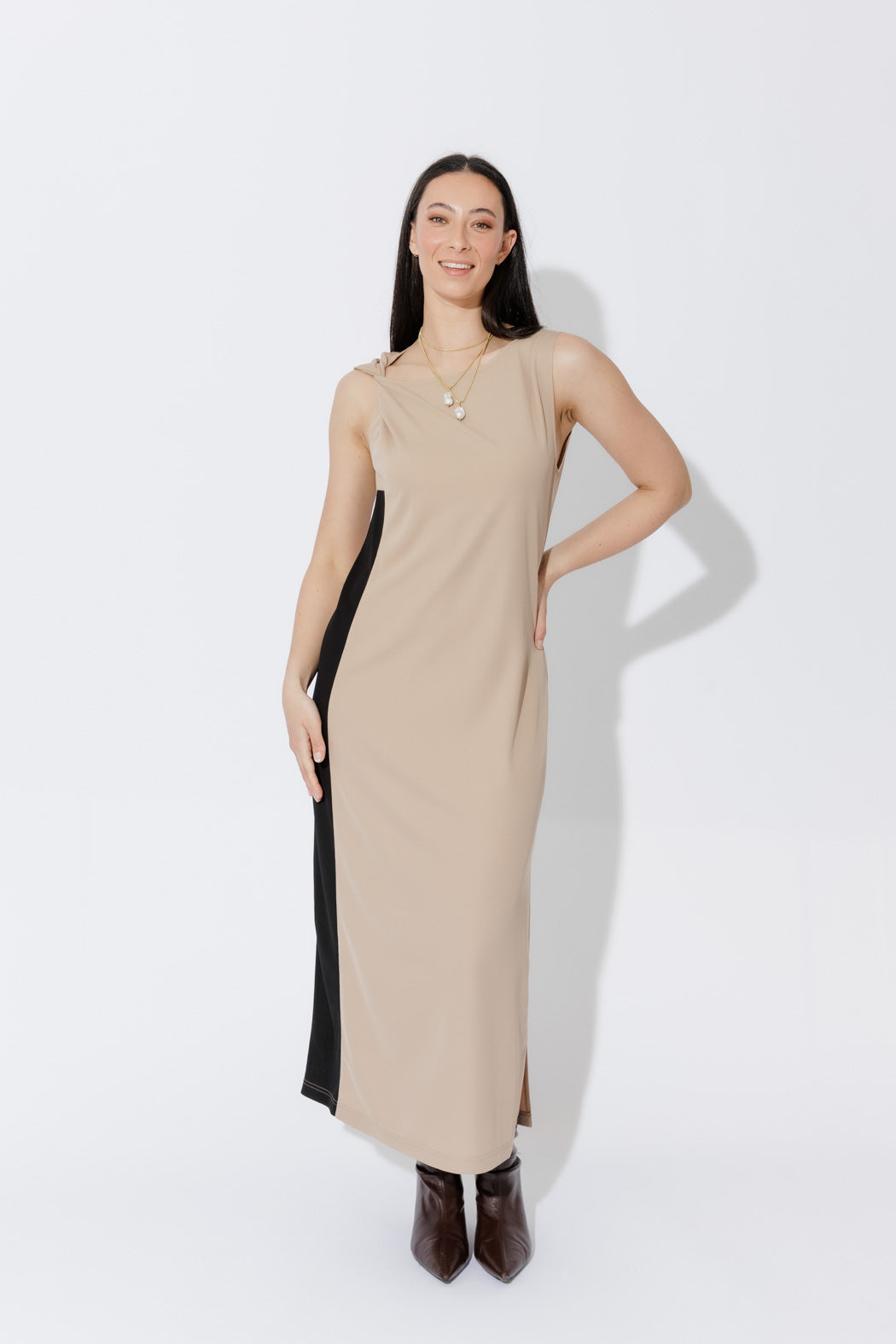 Beige Twist Shoulder Dress