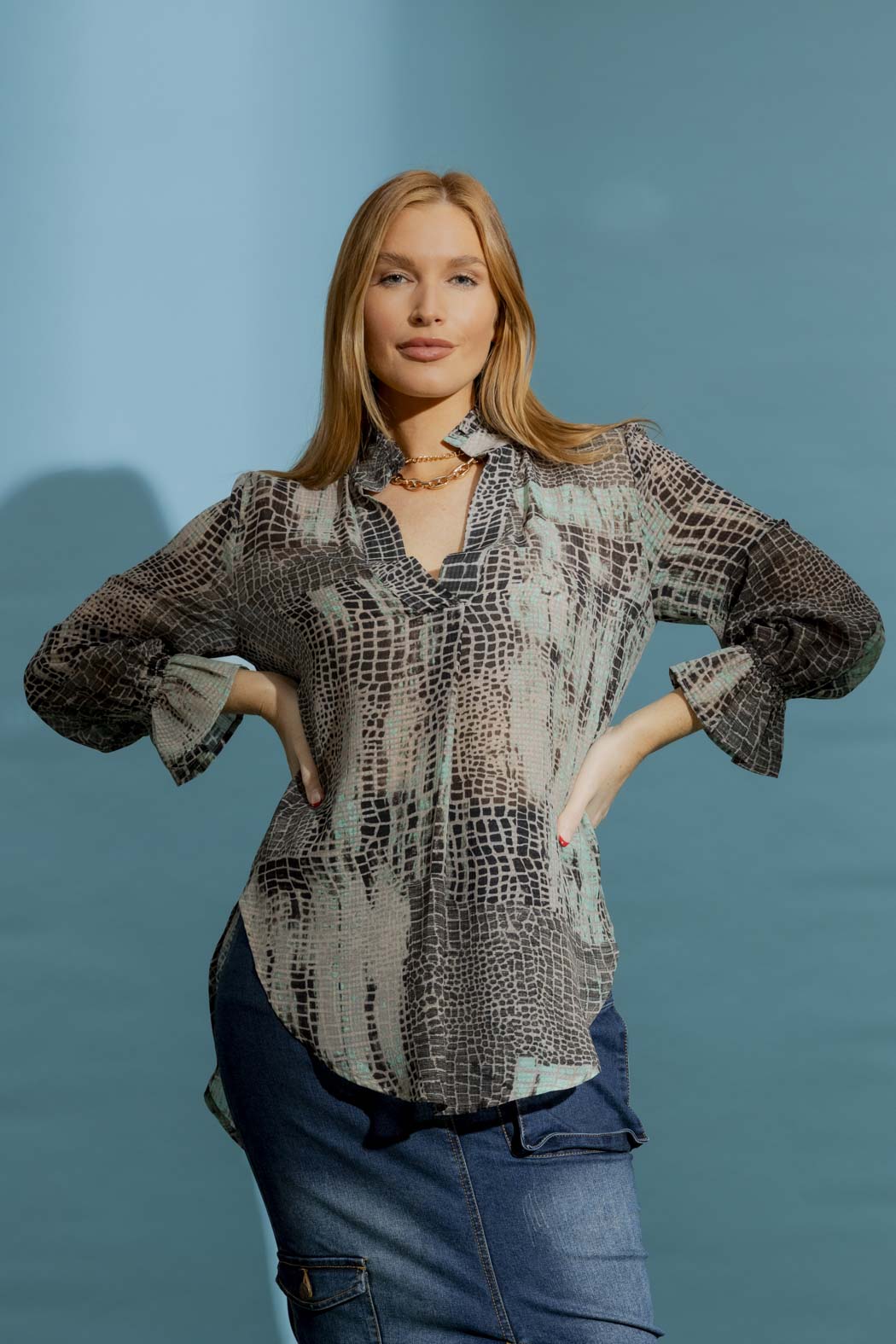 Mint Animal Ruffle Blogger Shirt