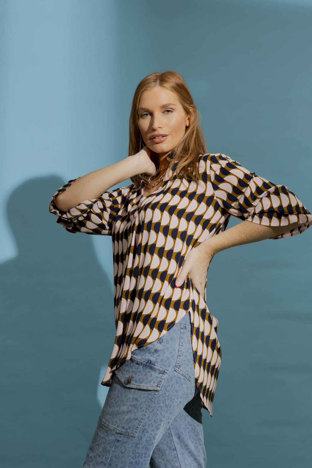 Pink/Navy Ruffle Blogger Shirt