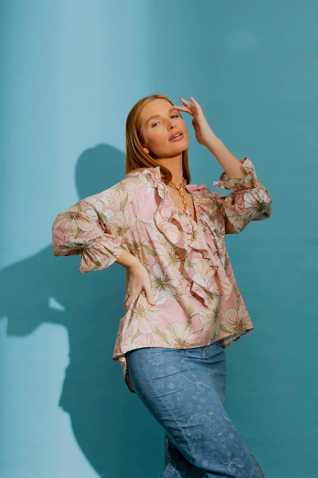 Pink Floral Frilly Blouse