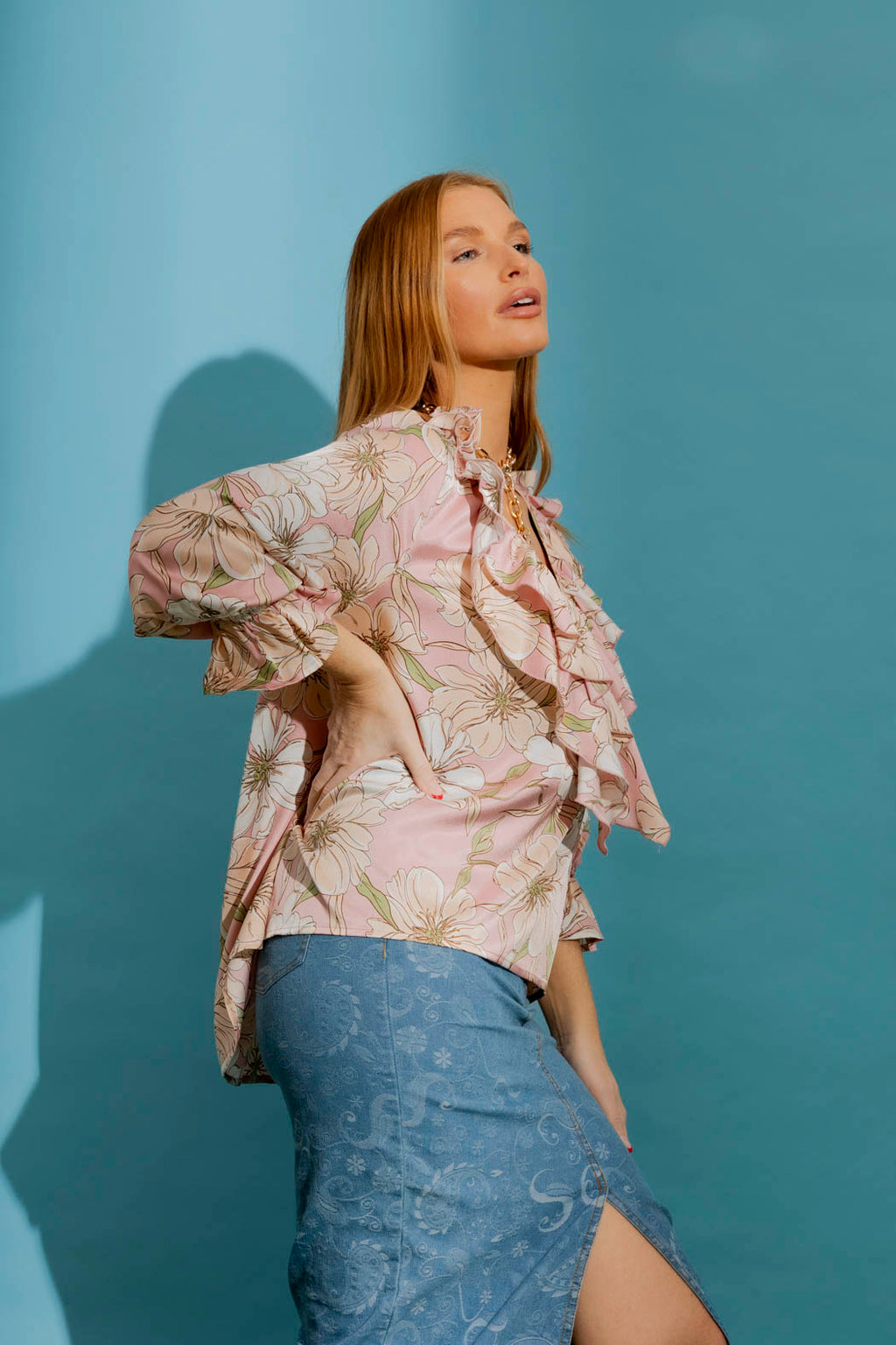 Pink Floral Frilly Blouse