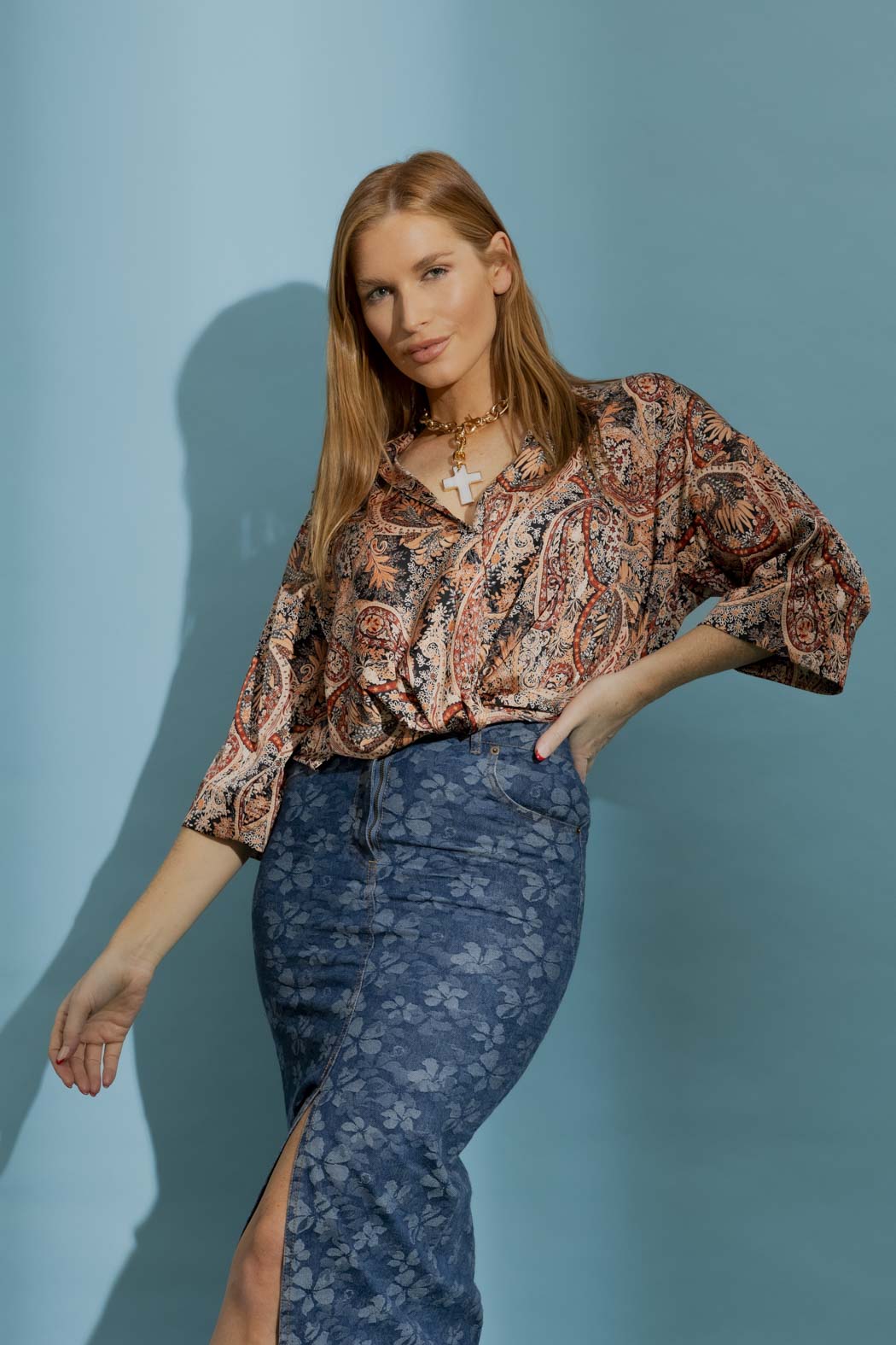 Tan Paisley Crop Twist Shirt