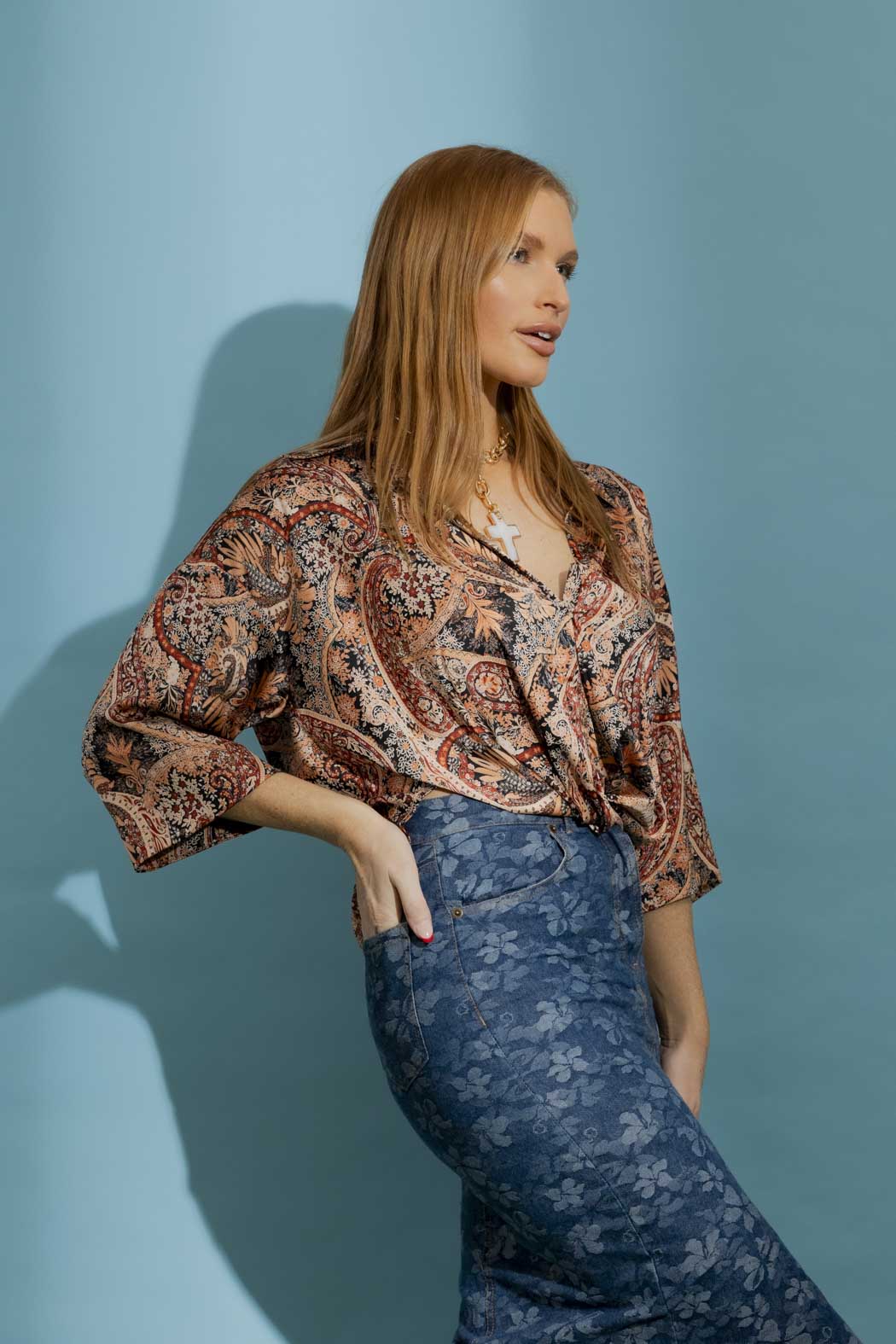 Tan Paisley Crop Twist Shirt