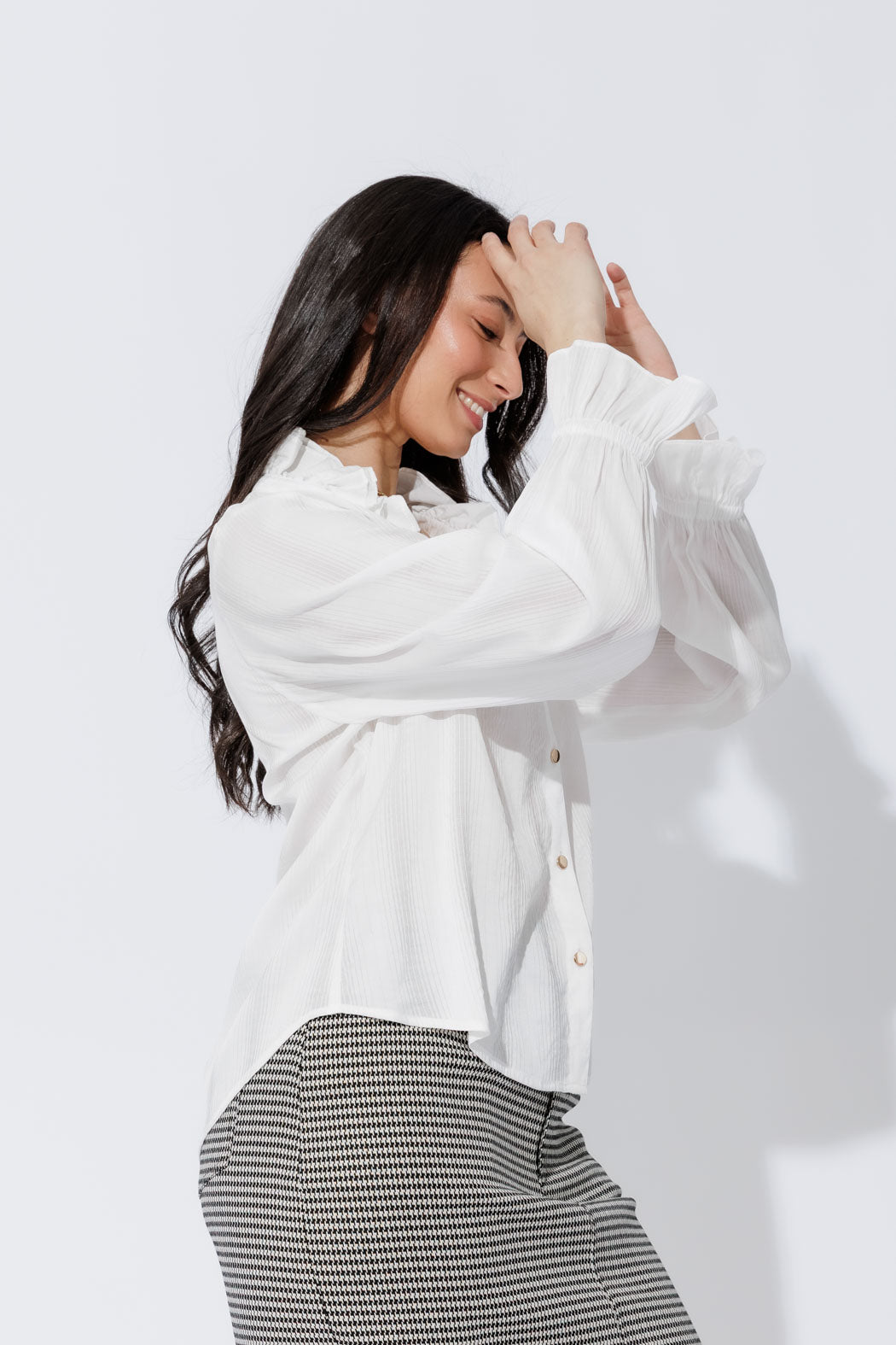Effortless front view of the White Frill Shirt, showcasing its frill collar, button‑up front and elastic cuffs.