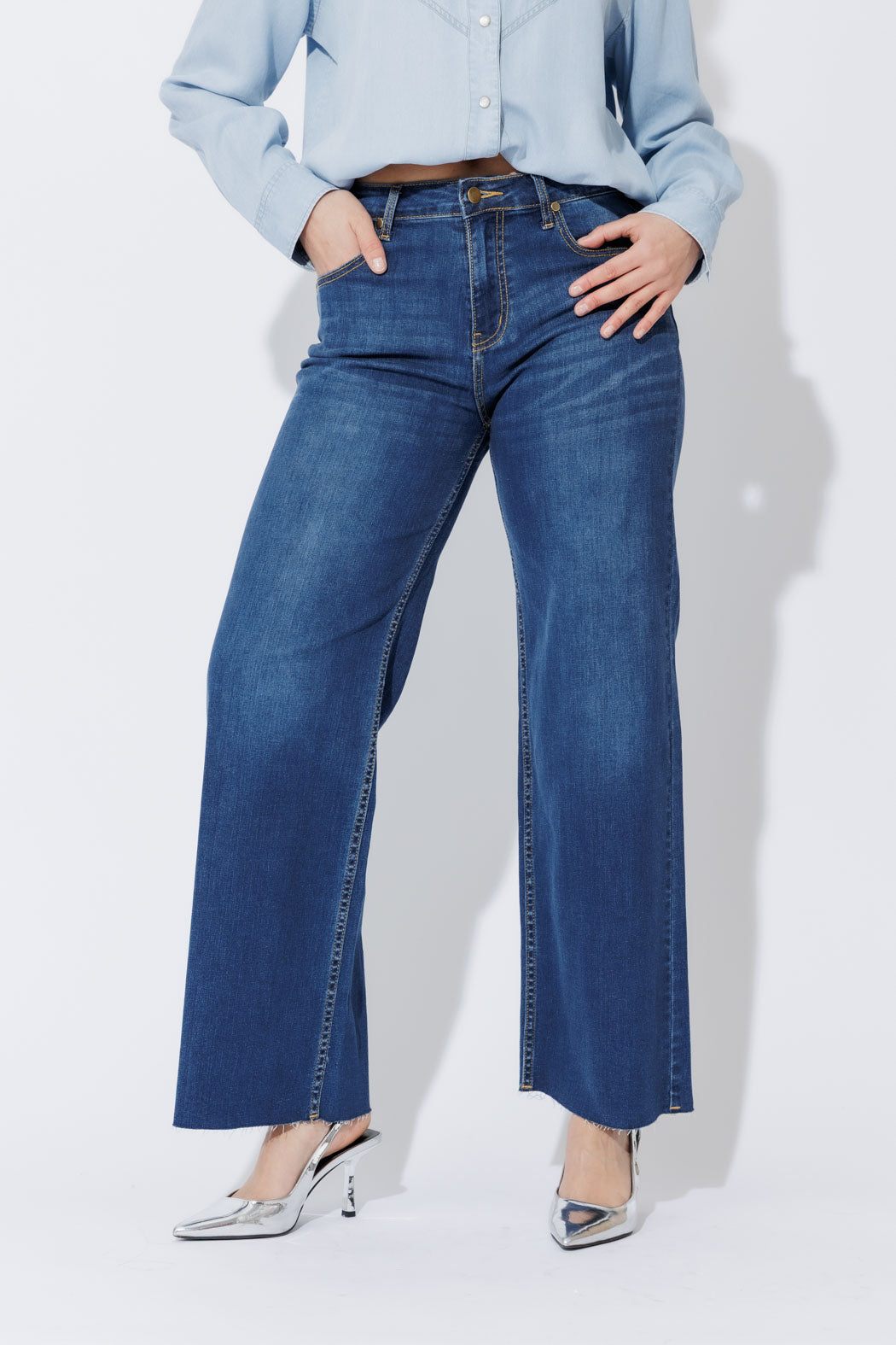 Mid Blue Mid Rise Wide Leg Jean Mid Blue