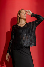 Black Foil Scalloped Hem Top Black S