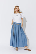 Mid Denim Tencel Pleat Skirt