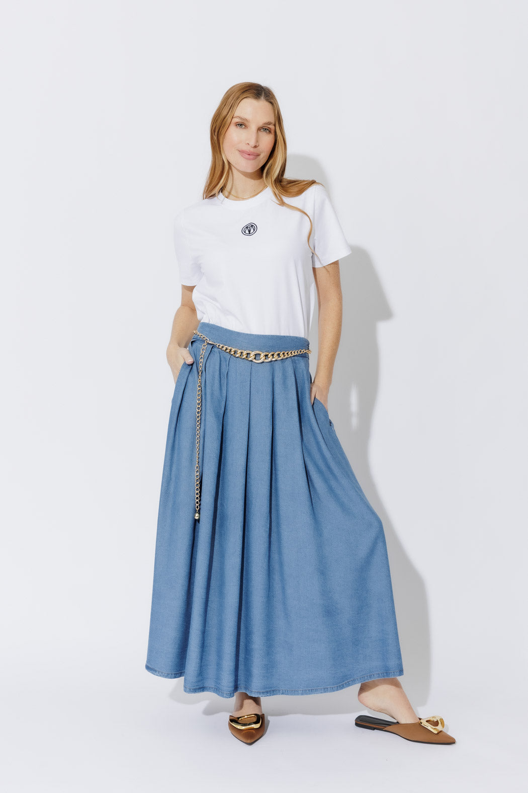 Mid Denim Tencel Pleat Skirt