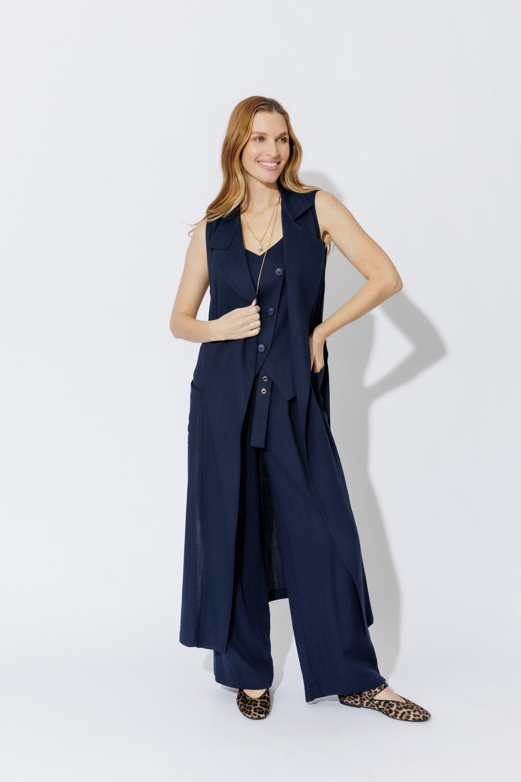 Navy Linen Trench Vest